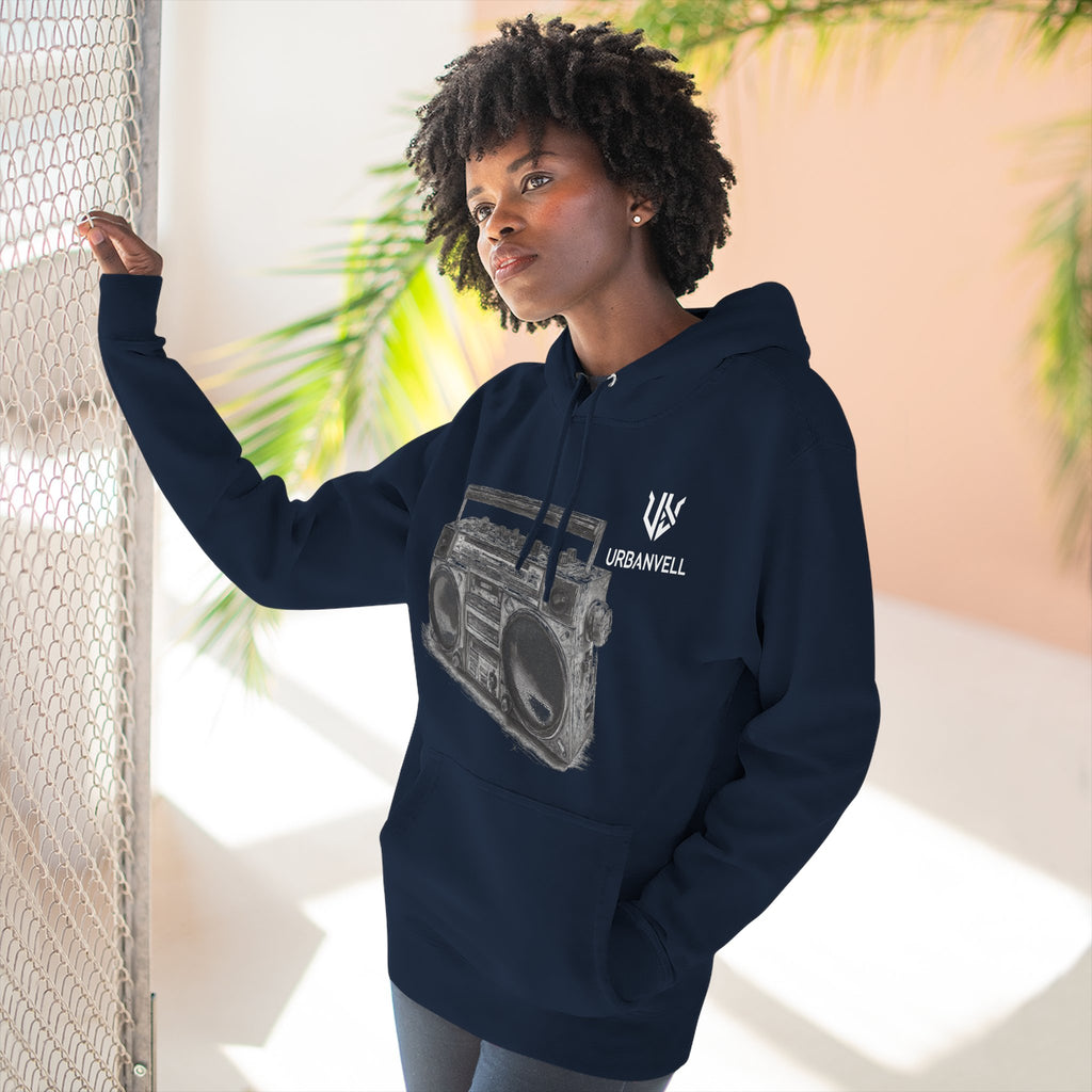 Boombox Sketch Hoodie — URBANVELL Retro Urban Music Fleece Pullover