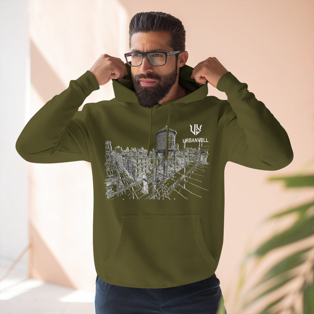 Water Tower Sketch Hoodie — URBANVELL Skyline Graphic Fleece Hoodie