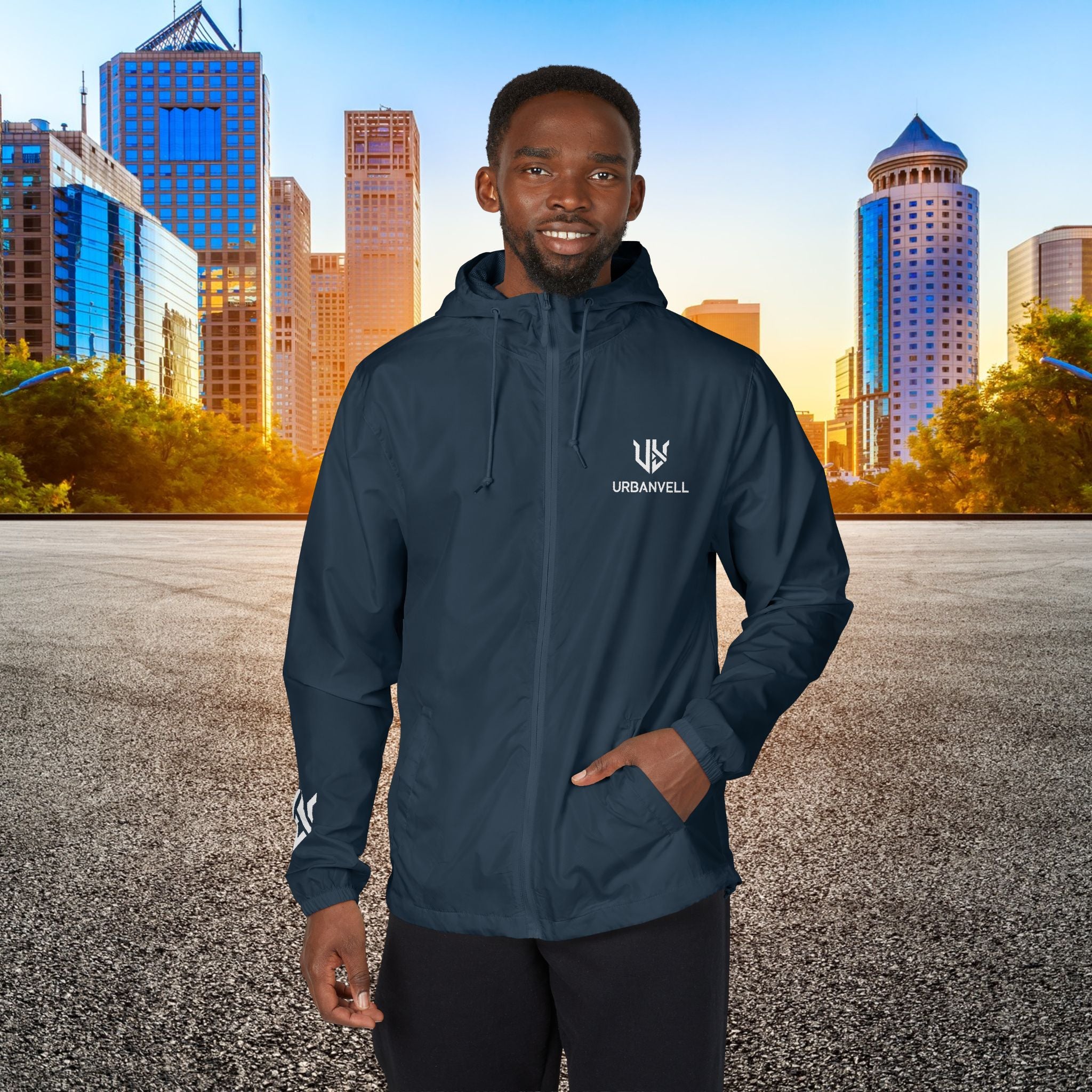 White Camo Windbreaker Jacket with URBANVELL Logo — Lightweight Full-Zip Hooded Jacket