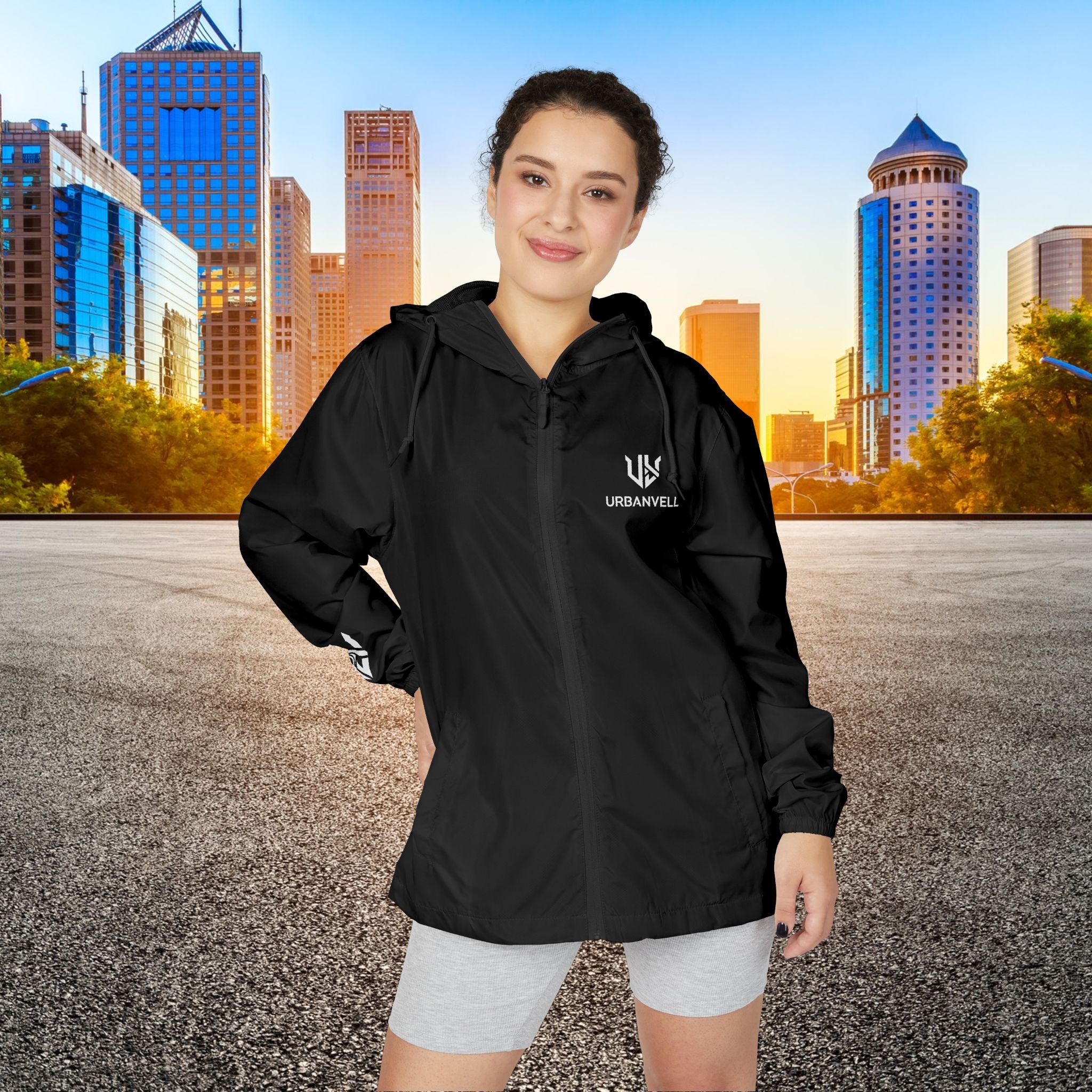 White Camo Windbreaker Jacket with URBANVELL Logo — Lightweight Full-Zip Hooded Jacket