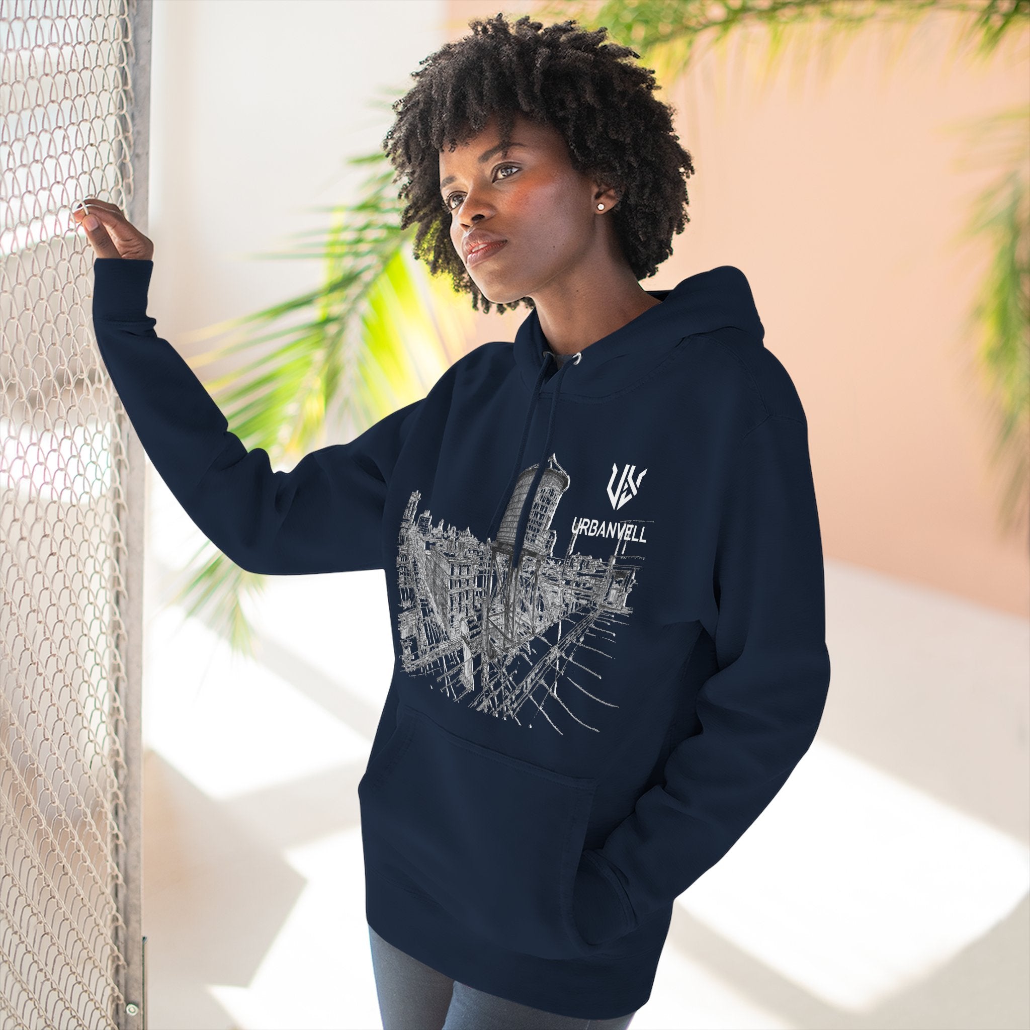 Water Tower Sketch Hoodie — URBANVELL Skyline Graphic Fleece Hoodie