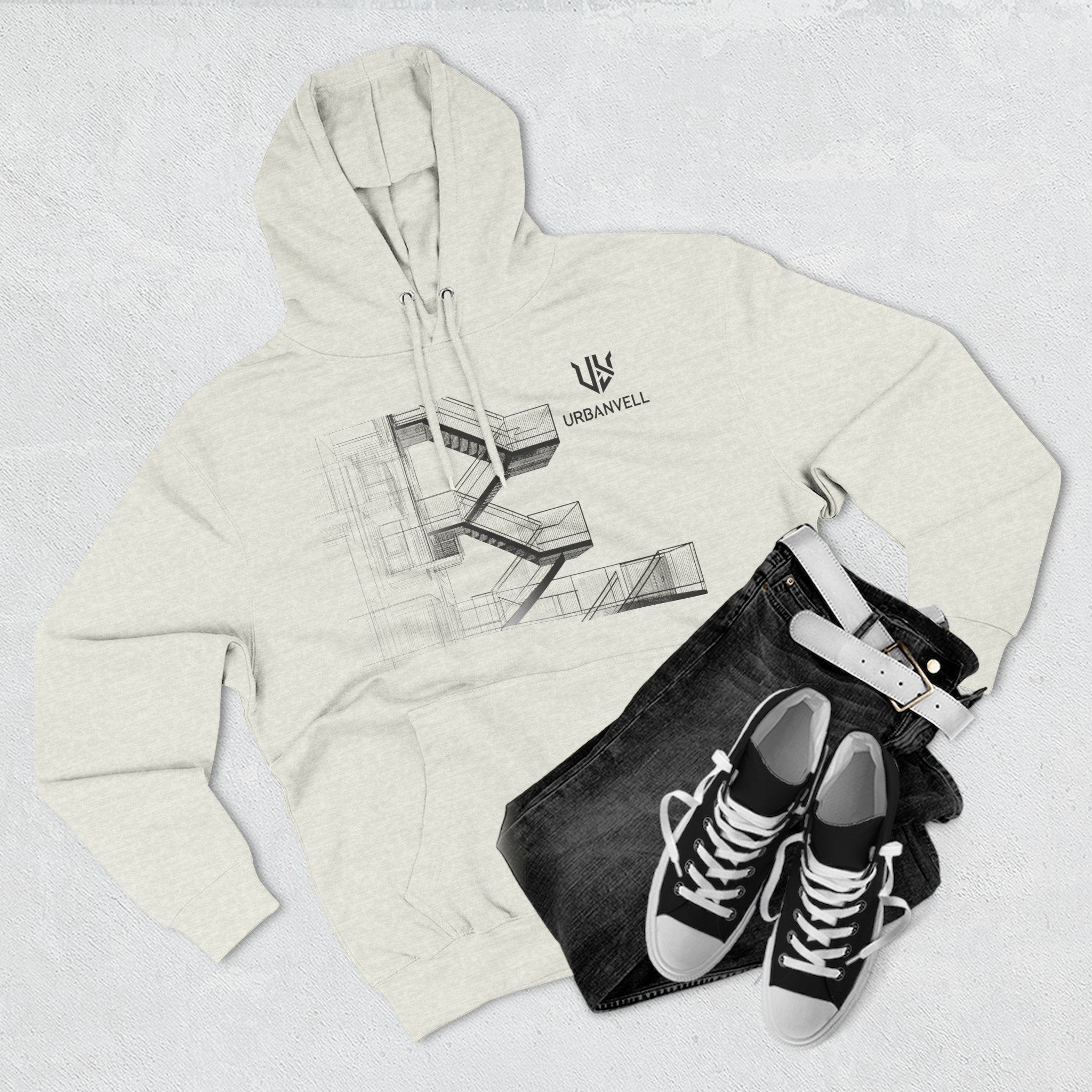 Architectural Fire Escape Stairs Sketch Hoodie — URBANVELL Three-Panel Fleece Pullover