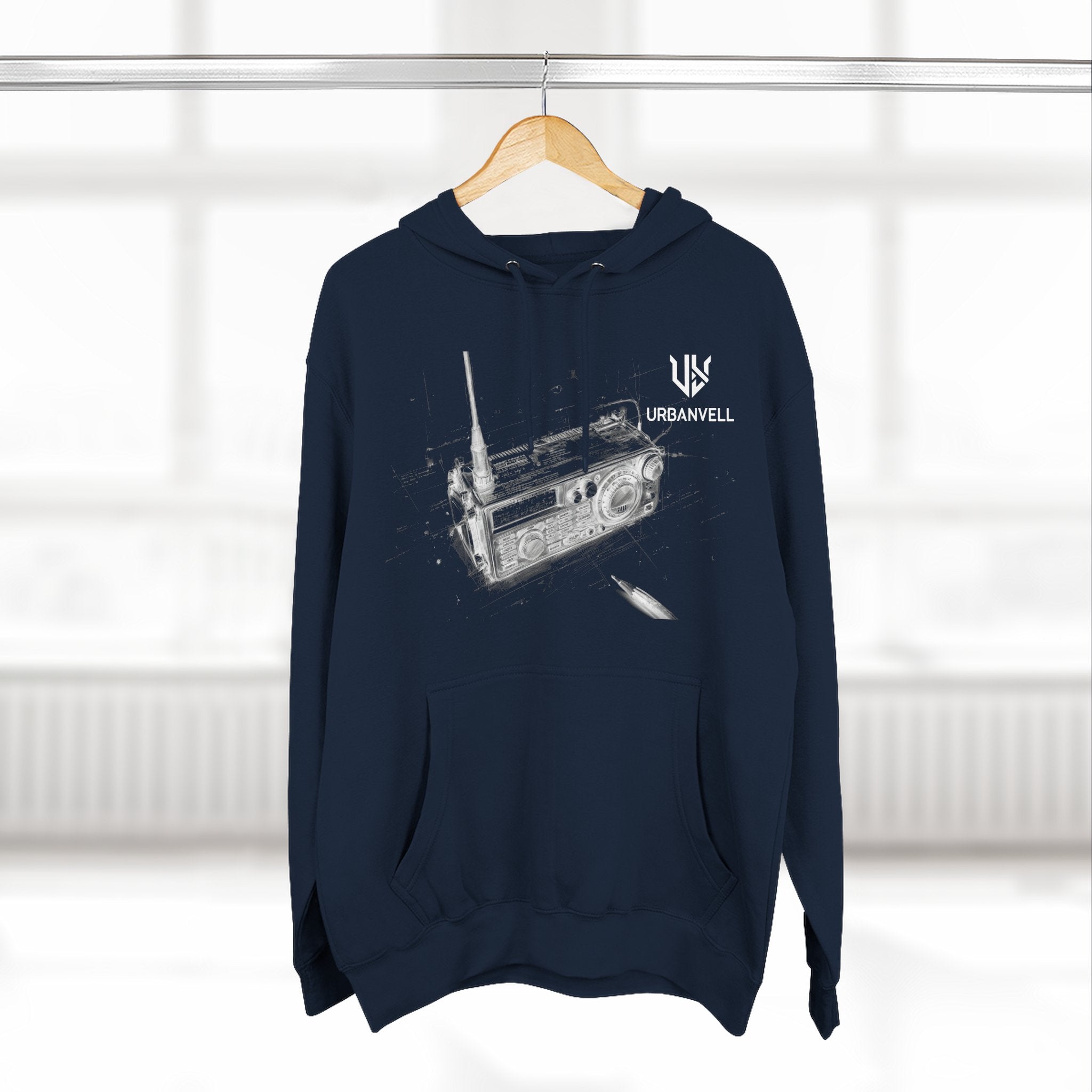 Walkie-Talkie Radio Sketch Hoodie — URBANVELL Minimal Urban Radio Graphic Fleece Pullover