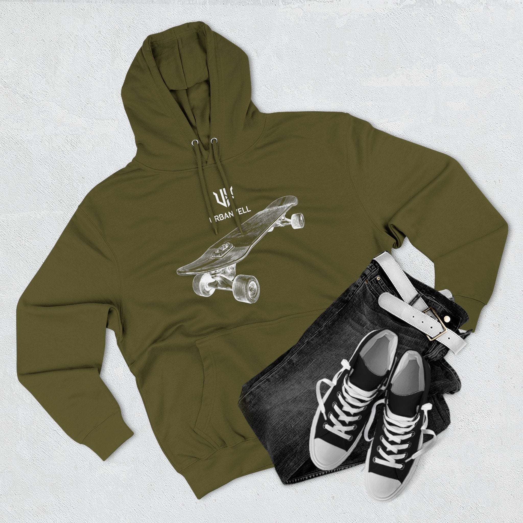 Skateboard Sketch Hoodie — URBANVELL Minimalist Hand-Drawn Skate Deck Pullover