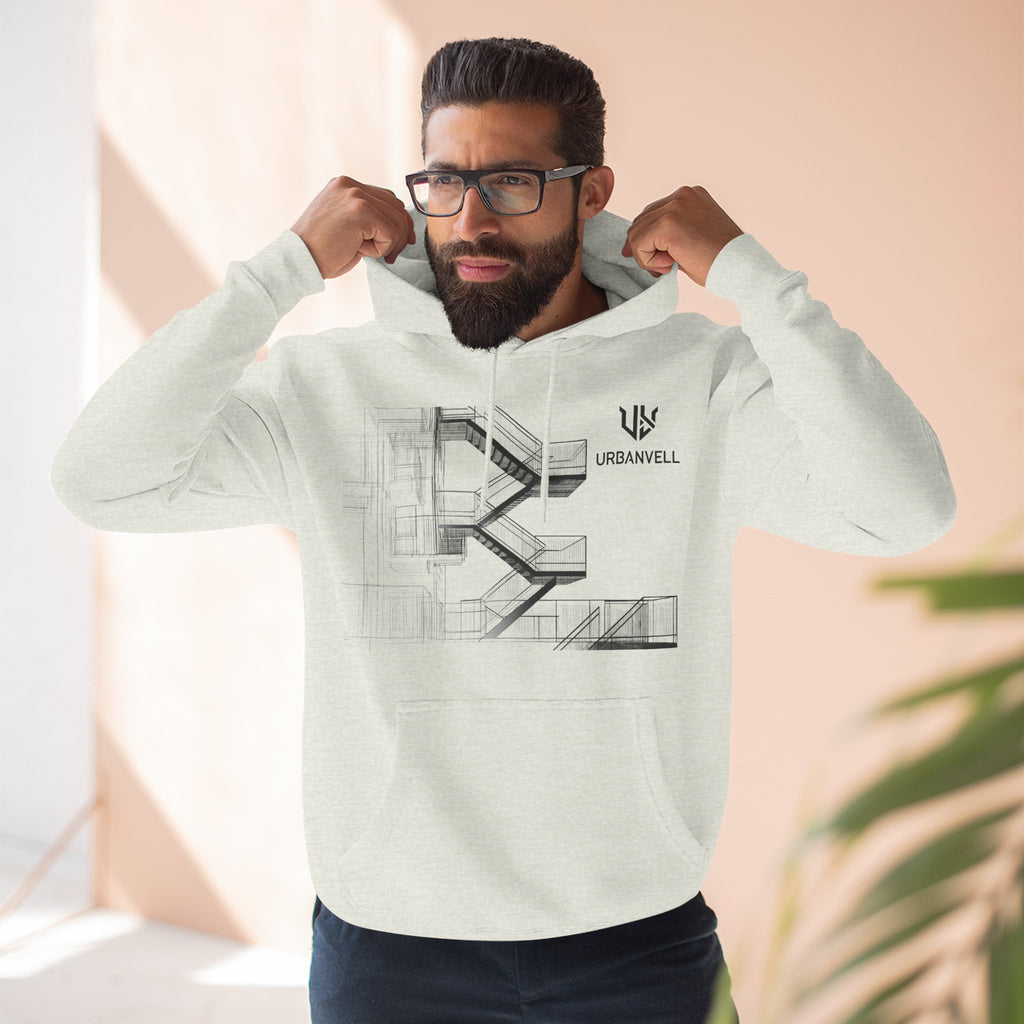 Architectural Fire Escape Stairs Sketch Hoodie — URBANVELL Three-Panel Fleece Pullover