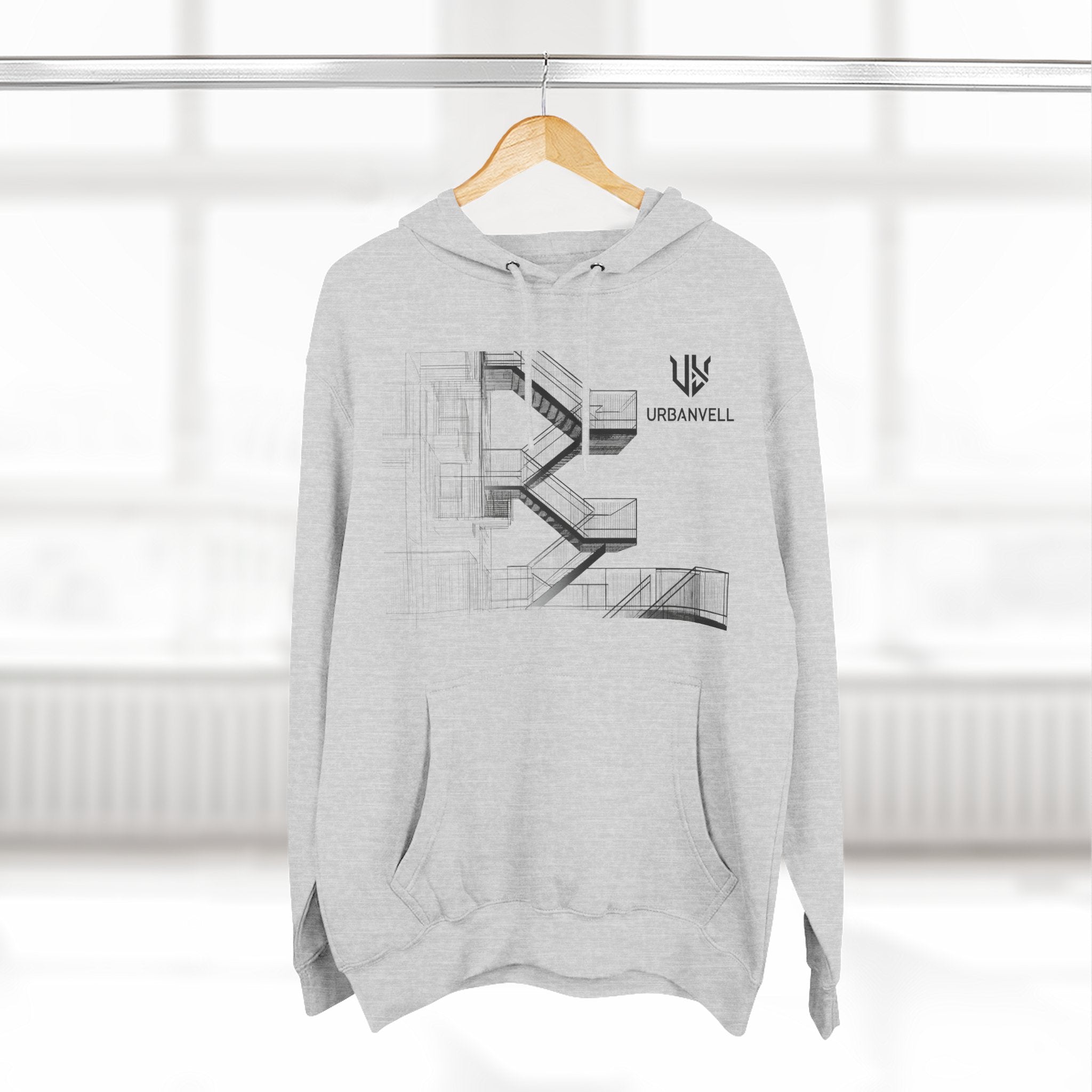 Architectural Fire Escape Stairs Sketch Hoodie — URBANVELL Three-Panel Fleece Pullover
