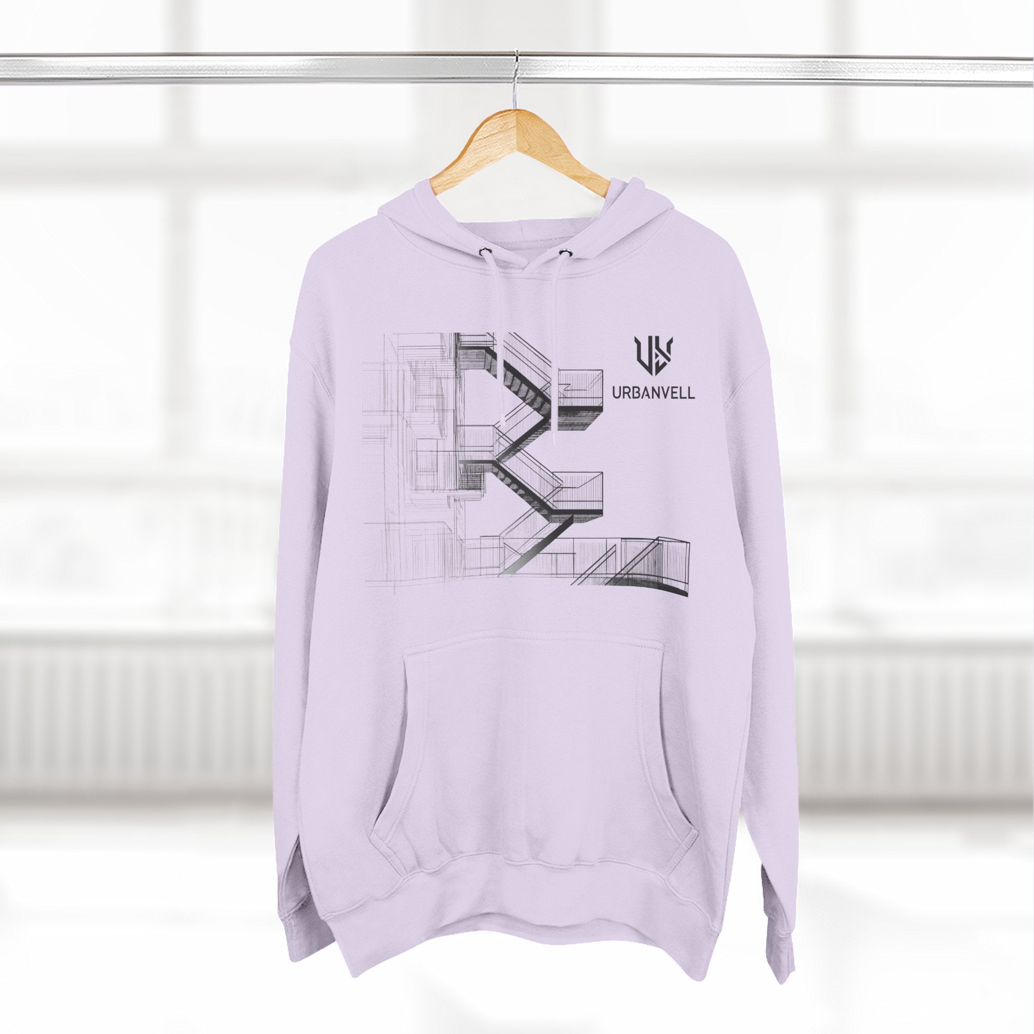 Architectural Fire Escape Stairs Sketch Hoodie — URBANVELL Three-Panel Fleece Pullover