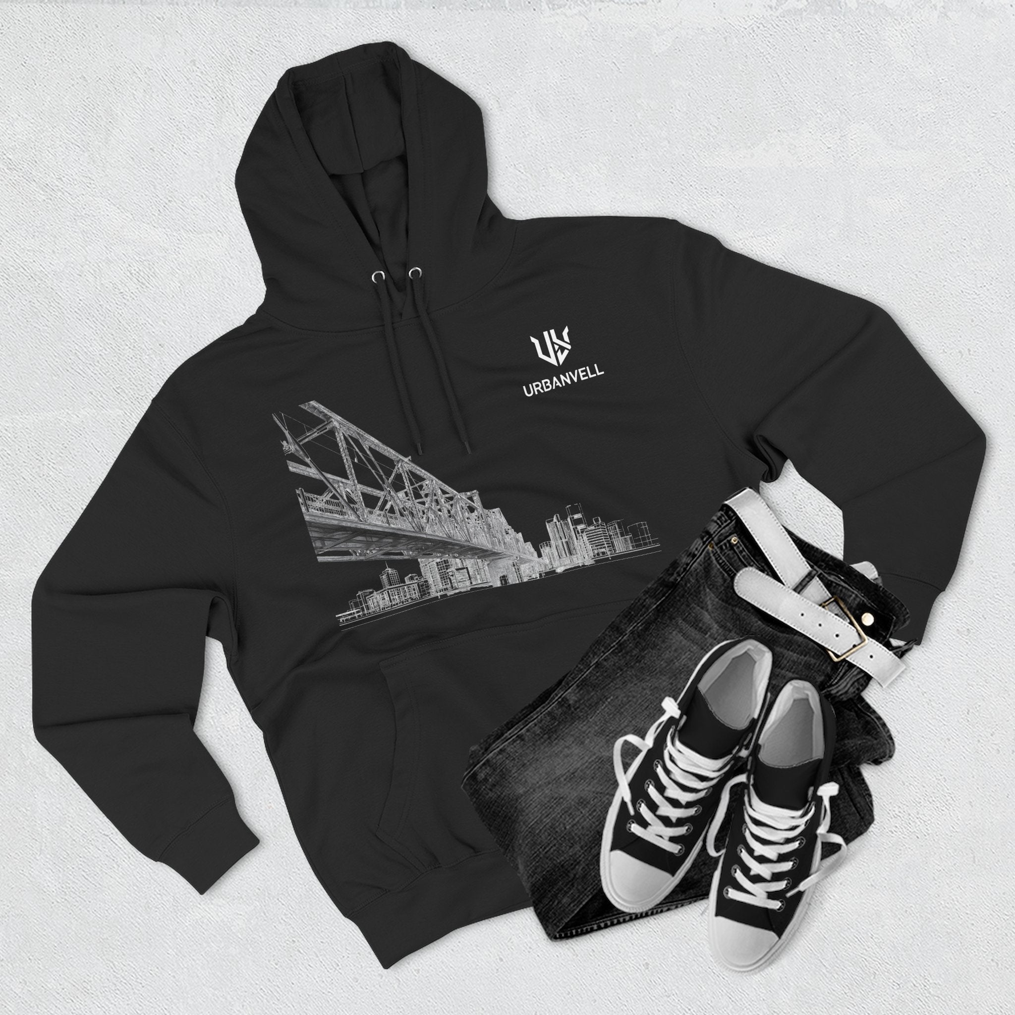 Railway Bridge Skyline Hoodie — URBANVELL Architectural Graphic Pullover