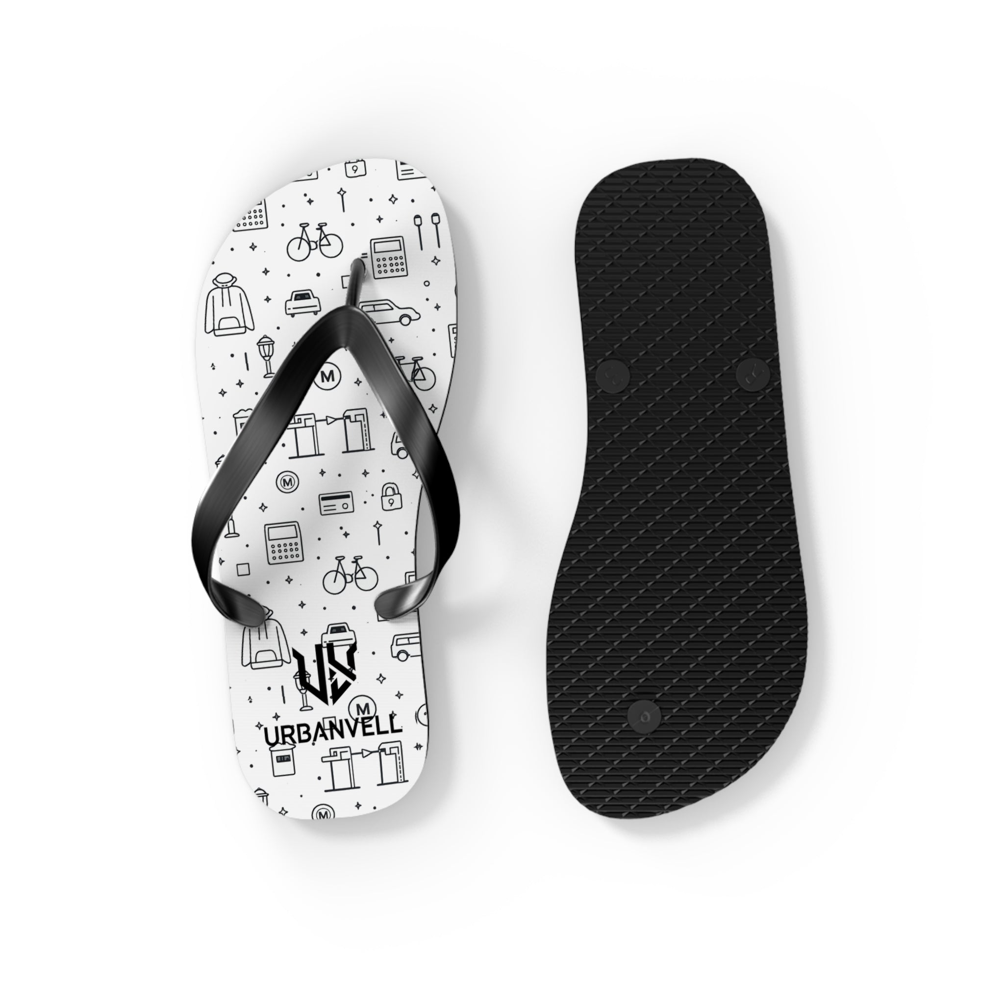 Urban Pattern Flip Flops — Monochrome City Icons Beach Sandals