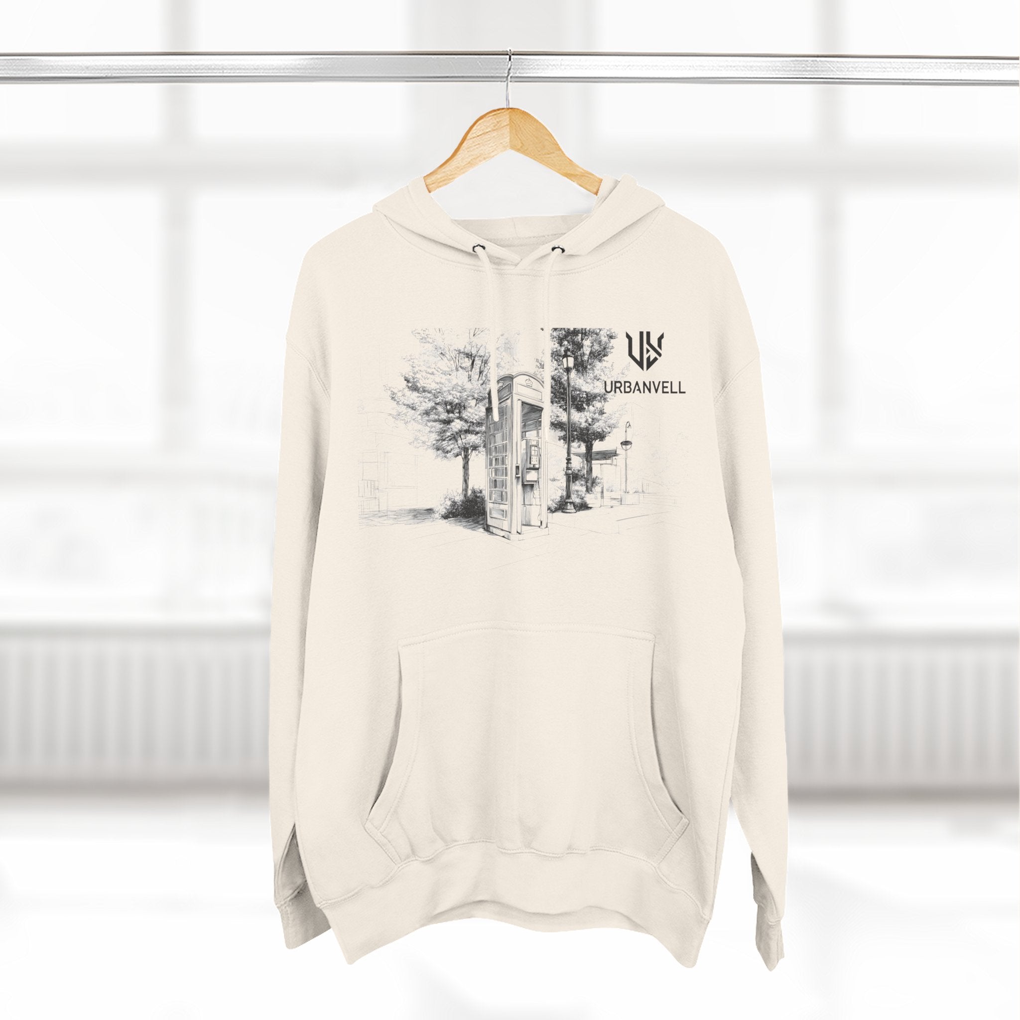 Phone Booth Three-Panel Fleece Hoodie — URBANVELL Minimal Urban Sketch Graphic Hoodie