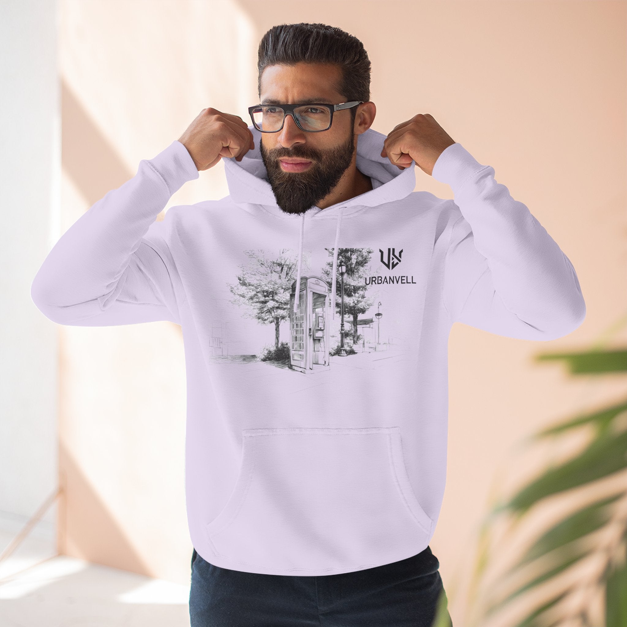 Phone Booth Three-Panel Fleece Hoodie — URBANVELL Minimal Urban Sketch Graphic Hoodie