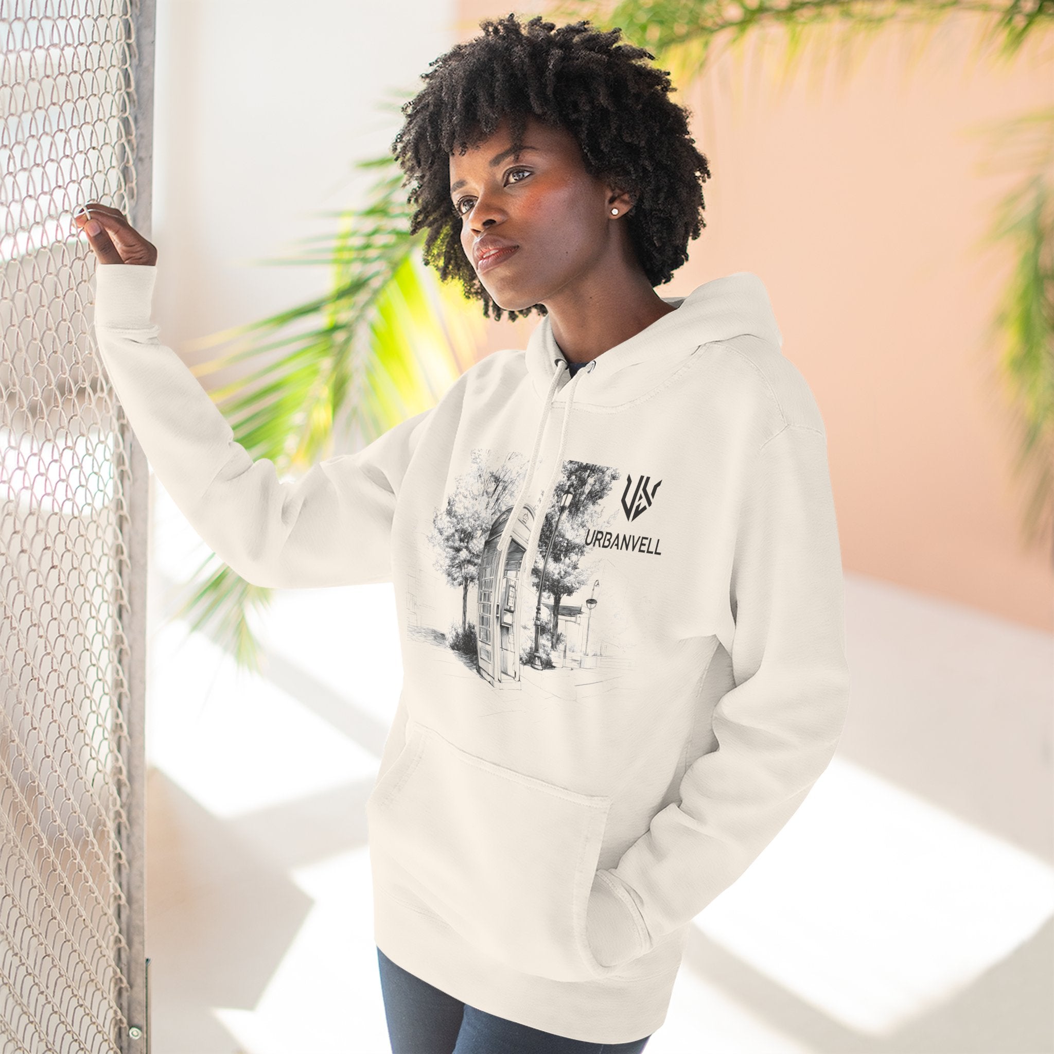 Phone Booth Three-Panel Fleece Hoodie — URBANVELL Minimal Urban Sketch Graphic Hoodie