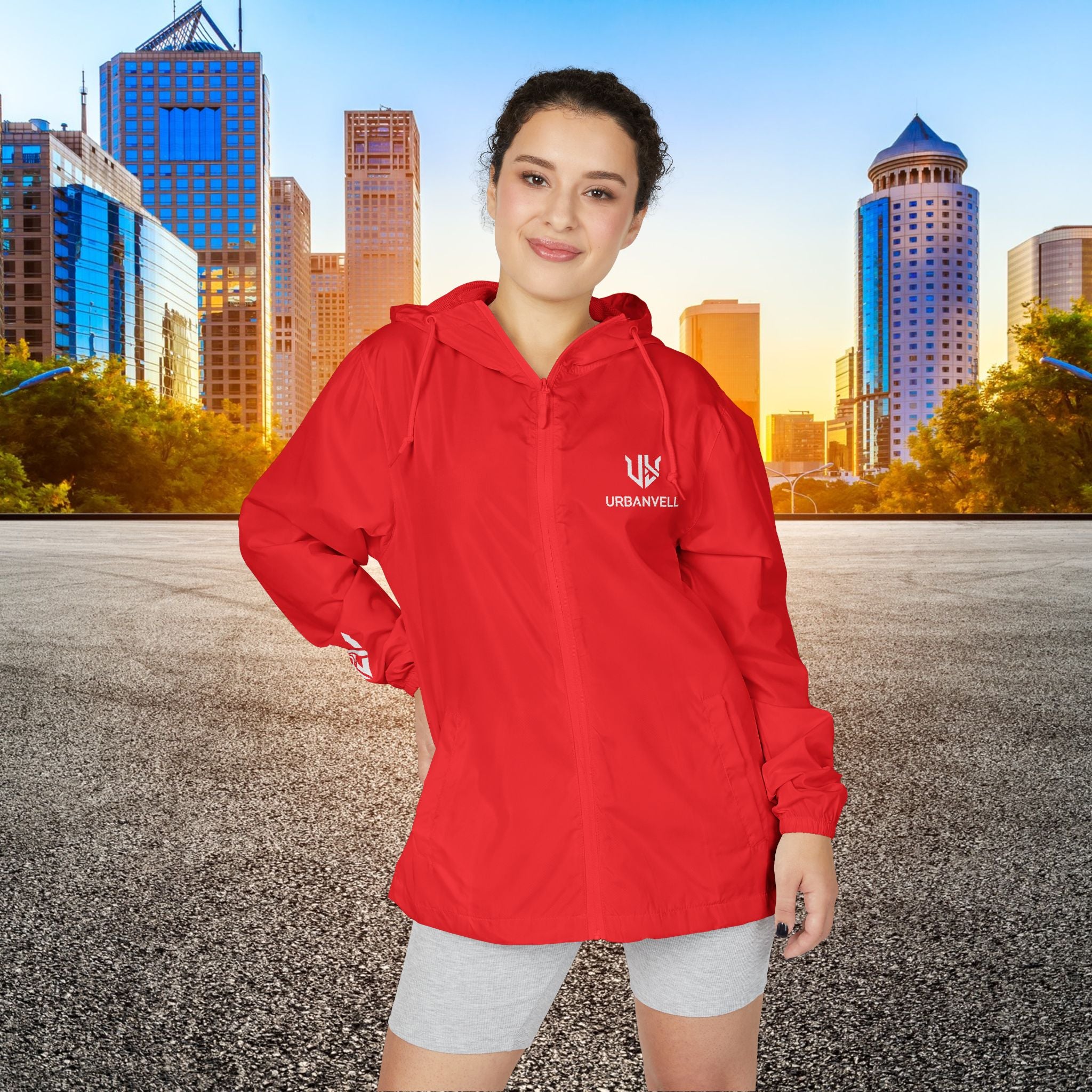 White Camo Windbreaker Jacket with URBANVELL Logo — Lightweight Full-Zip Hooded Jacket