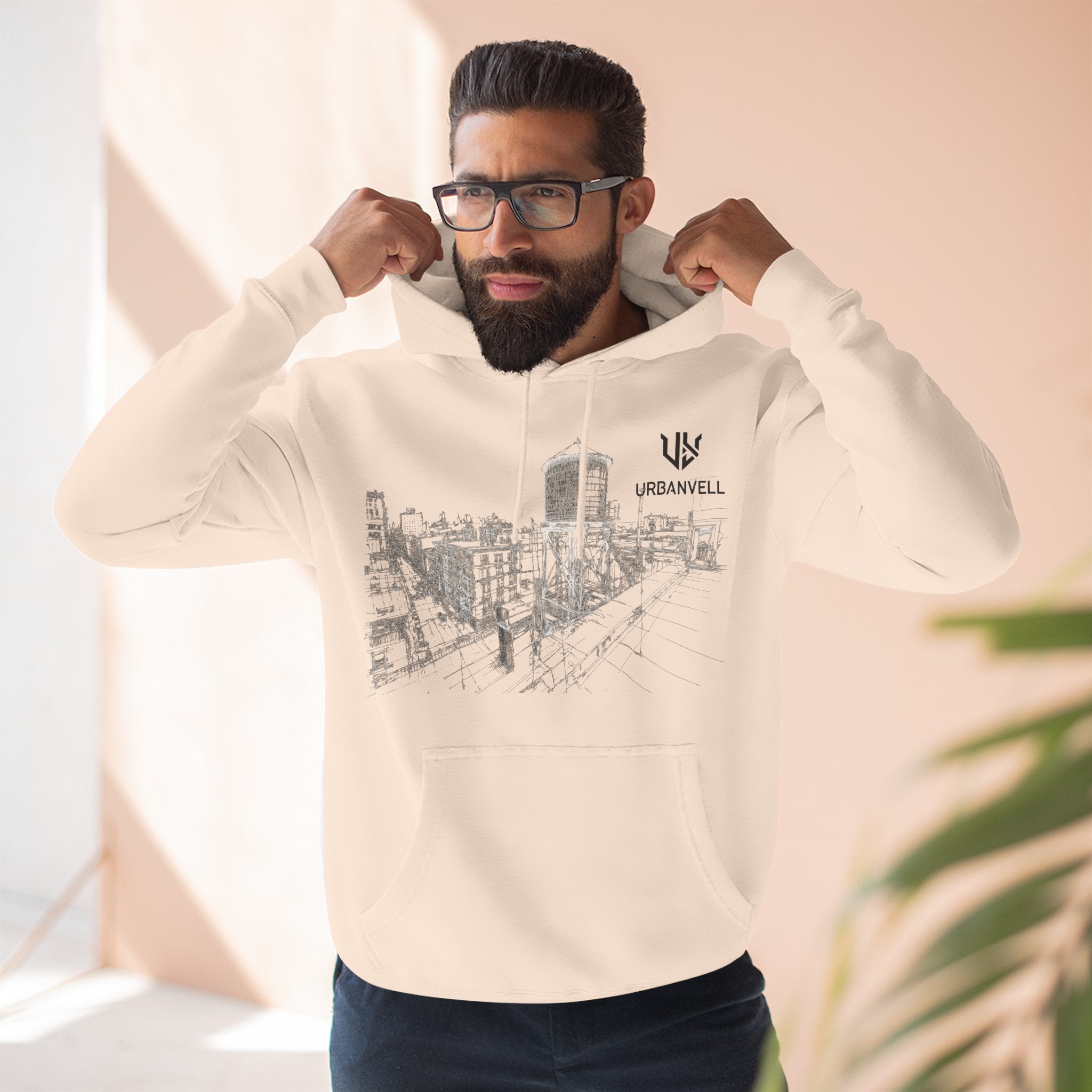Water Tower Sketch Hoodie — URBANVELL Skyline Graphic Fleece Hoodie