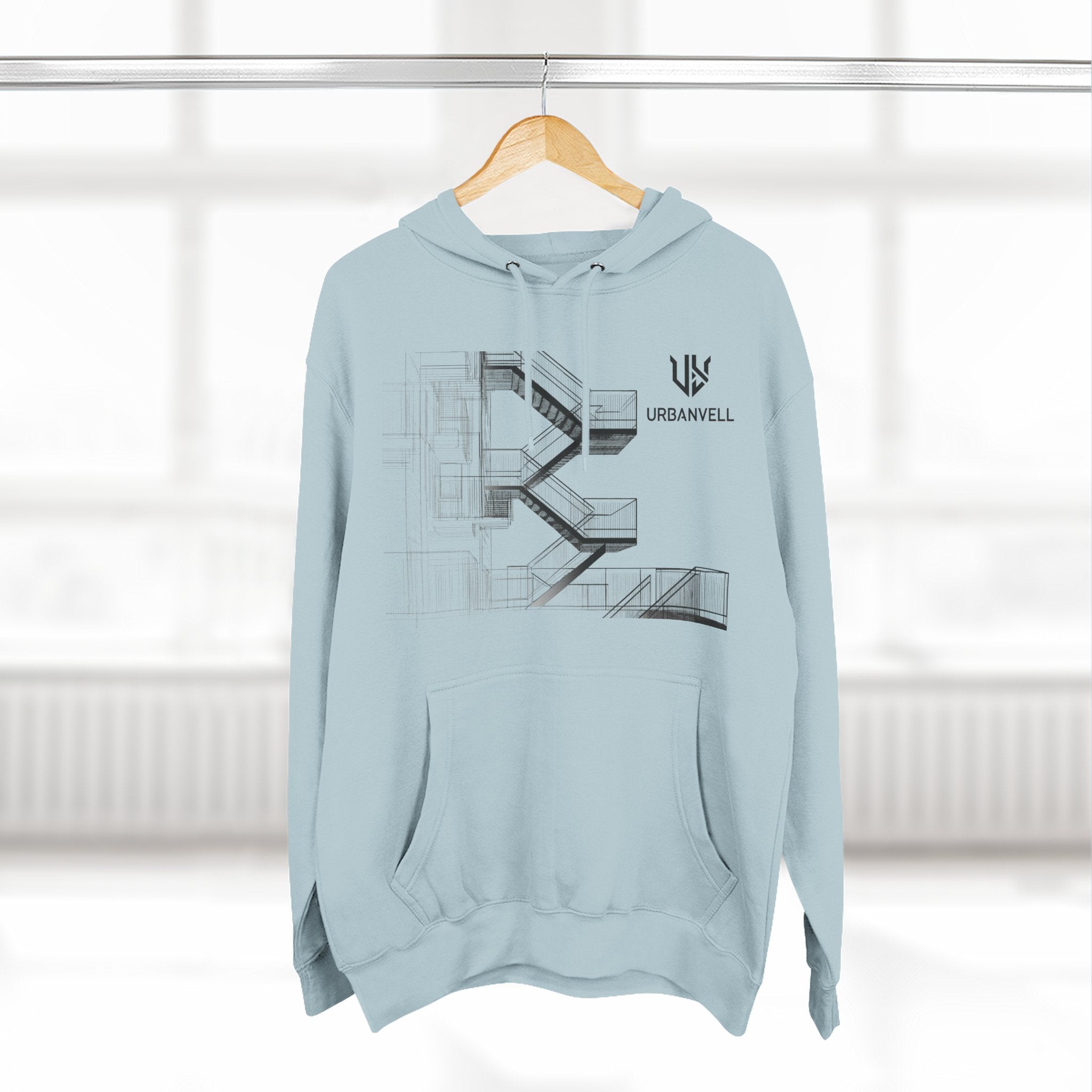 Architectural Fire Escape Stairs Sketch Hoodie — URBANVELL Three-Panel Fleece Pullover