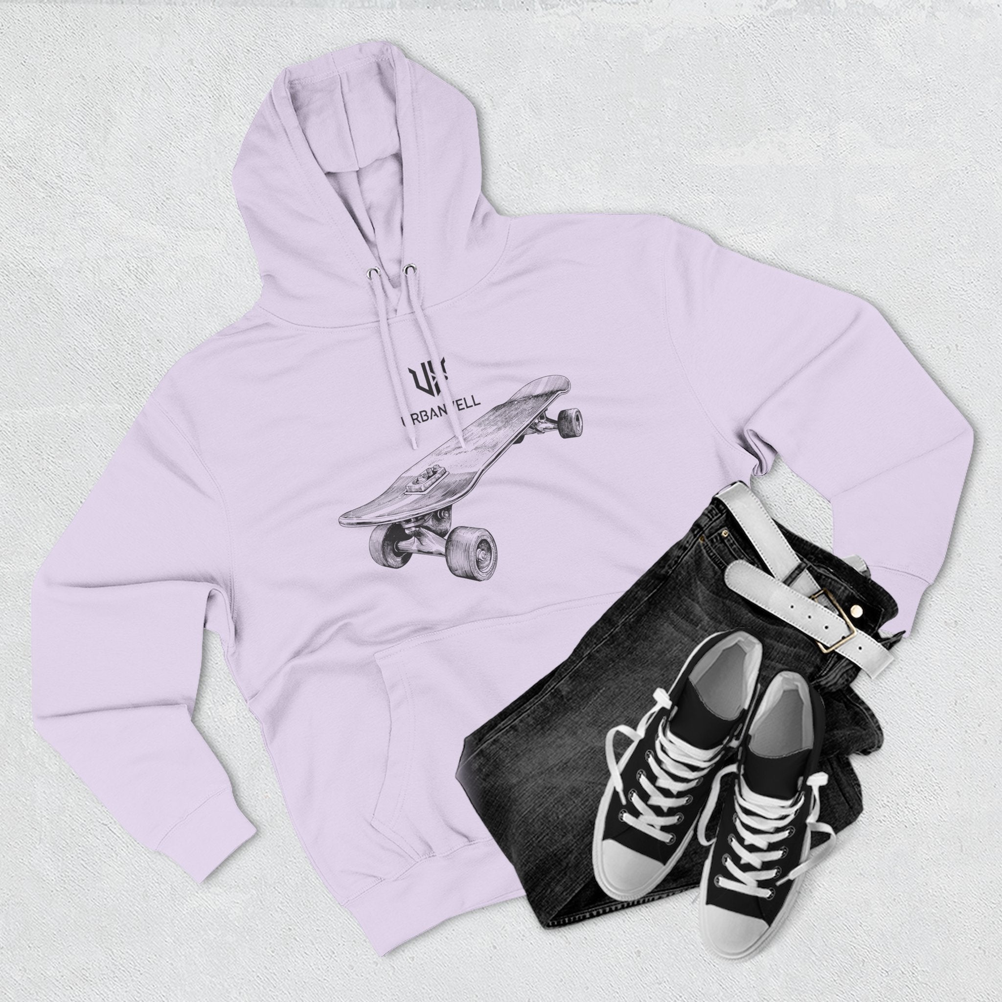 Skateboard Sketch Hoodie — URBANVELL Minimalist Hand-Drawn Skate Deck Pullover