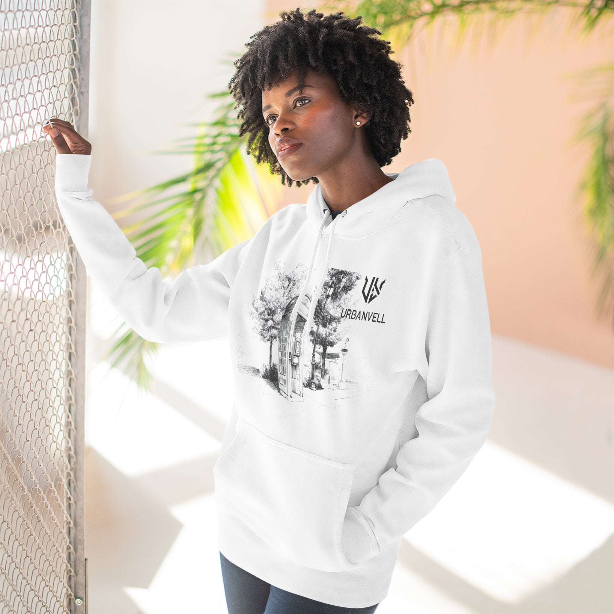 Phone Booth Three-Panel Fleece Hoodie — URBANVELL Minimal Urban Sketch Graphic Hoodie
