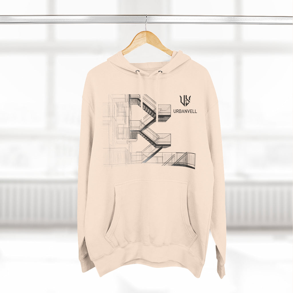 Architectural Fire Escape Stairs Sketch Hoodie — URBANVELL Three-Panel Fleece Pullover