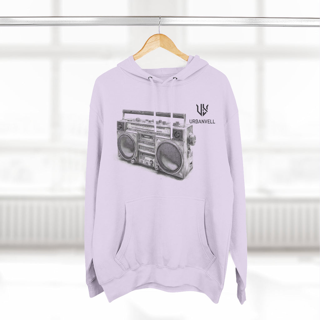 Boombox Sketch Hoodie — URBANVELL Retro Urban Music Fleece Pullover