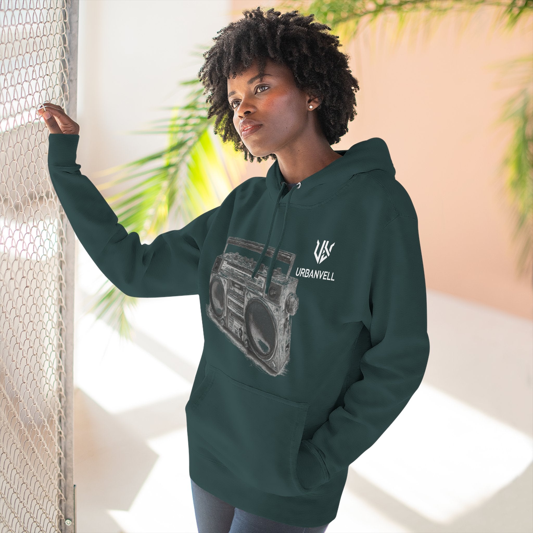 Boombox Sketch Hoodie — URBANVELL Retro Urban Music Fleece Pullover