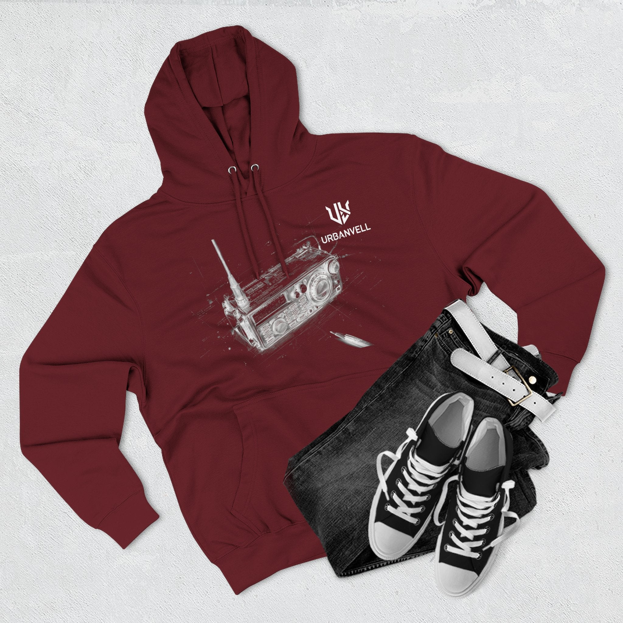 Walkie-Talkie Radio Sketch Hoodie — URBANVELL Minimal Urban Radio Graphic Fleece Pullover