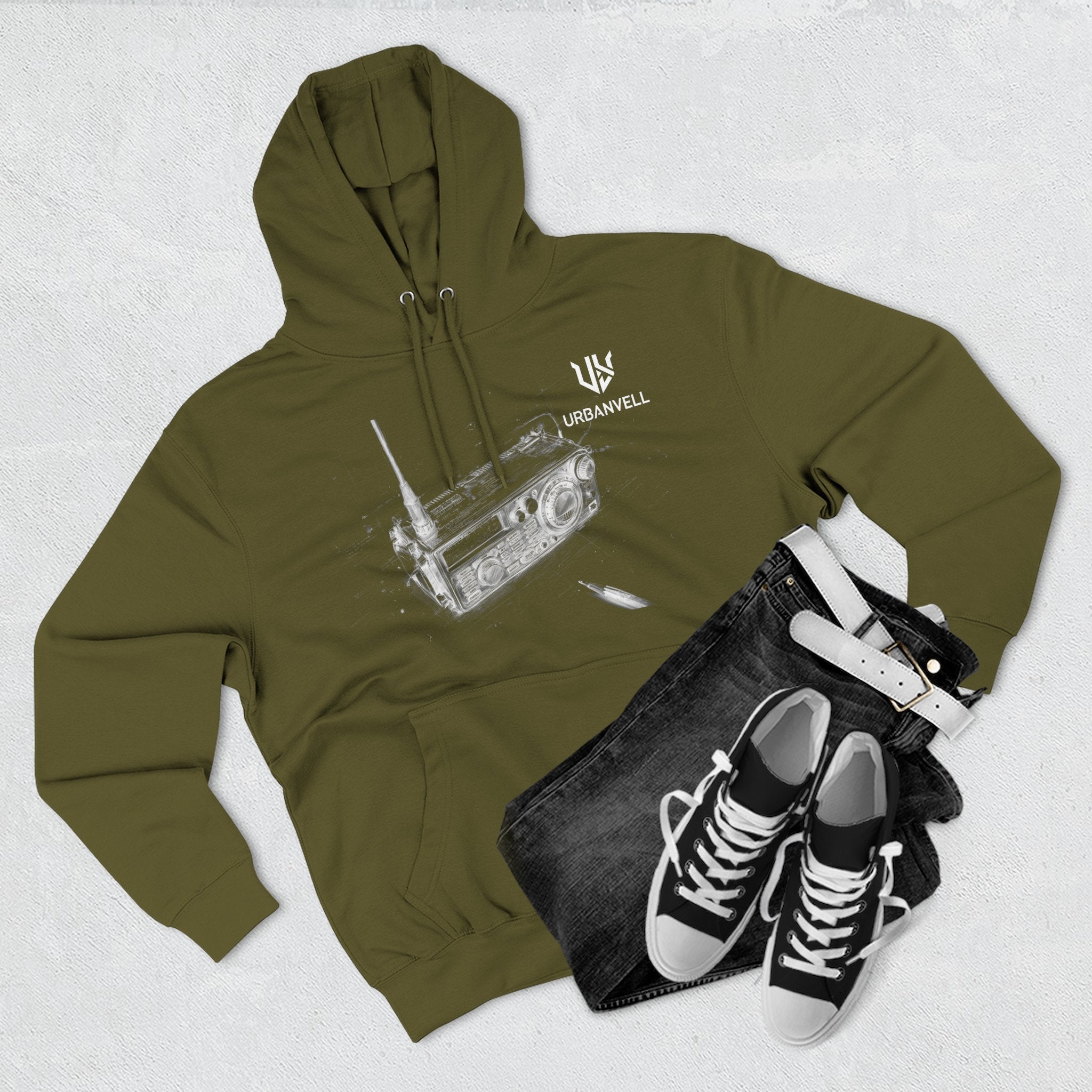 Walkie-Talkie Radio Sketch Hoodie — URBANVELL Minimal Urban Radio Graphic Fleece Pullover