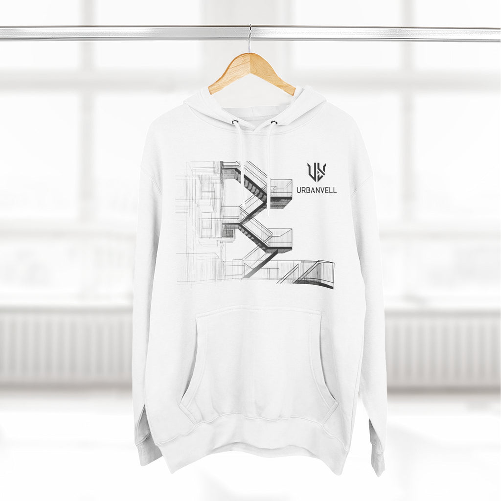 Architectural Fire Escape Stairs Sketch Hoodie — URBANVELL Three-Panel Fleece Pullover
