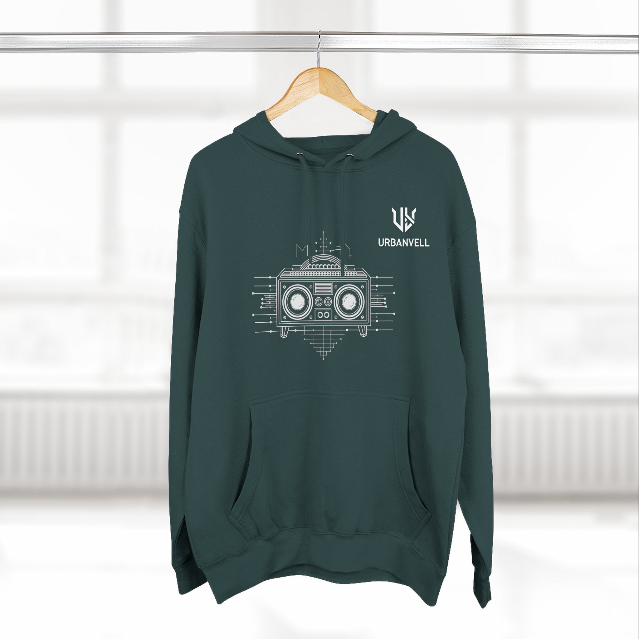 Boombox Graphic Hoodie — URBANVELL Minimalist Retro Cassette Stereo Sweatshirt