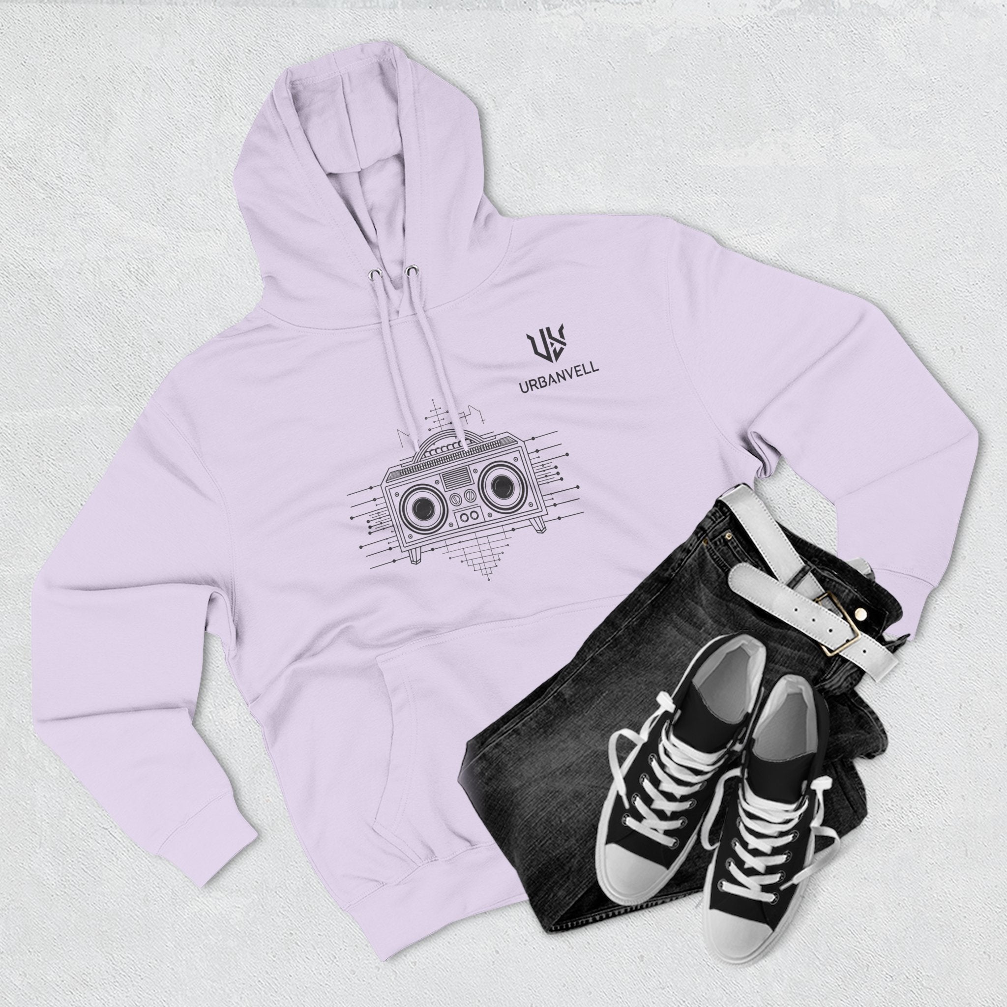 Boombox Graphic Hoodie — URBANVELL Minimalist Retro Cassette Stereo Sweatshirt