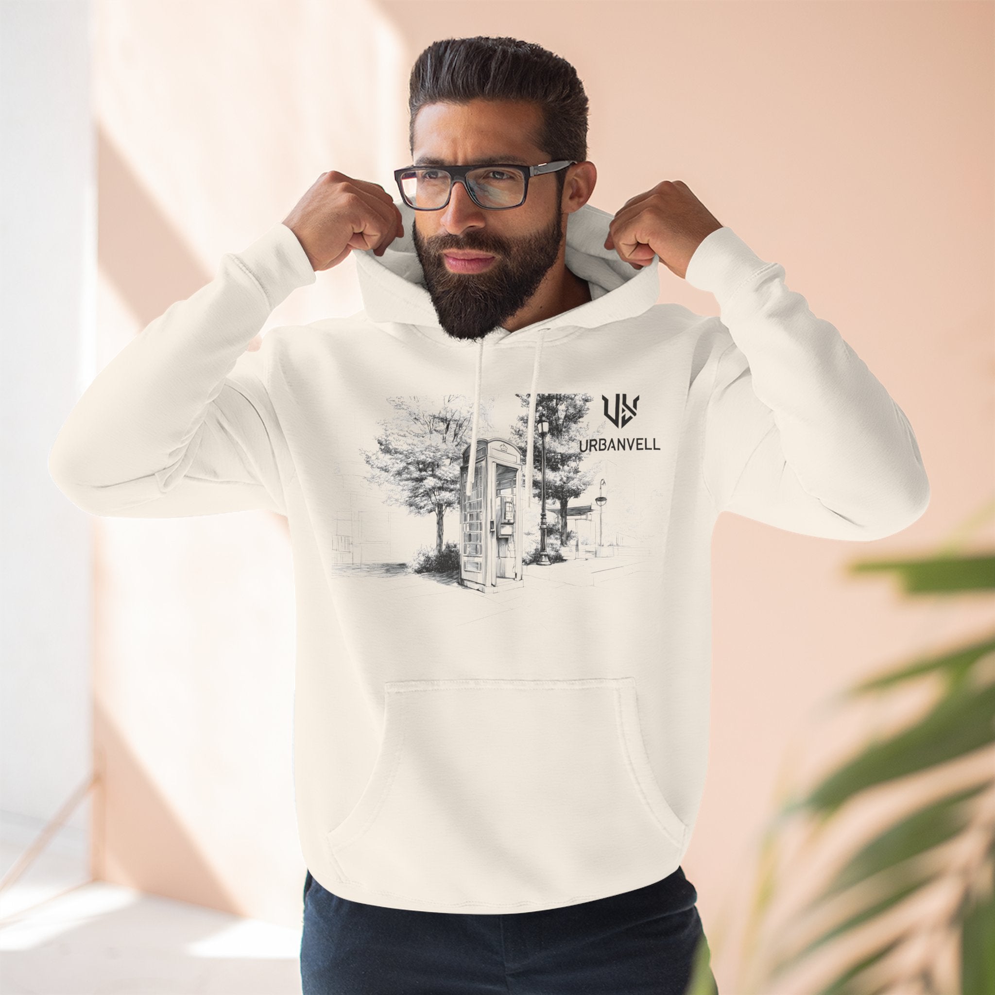 Phone Booth Three-Panel Fleece Hoodie — URBANVELL Minimal Urban Sketch Graphic Hoodie