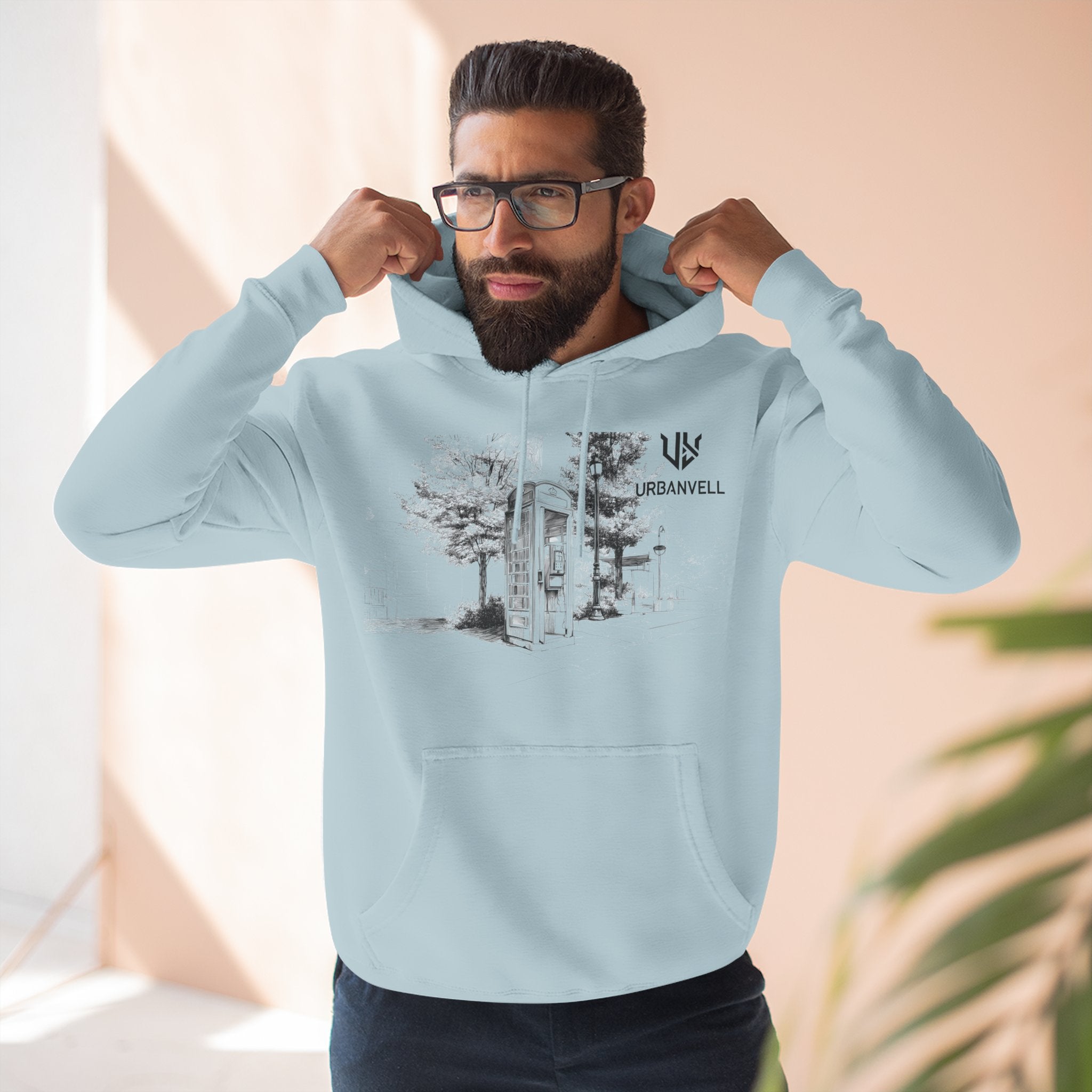 Phone Booth Three-Panel Fleece Hoodie — URBANVELL Minimal Urban Sketch Graphic Hoodie