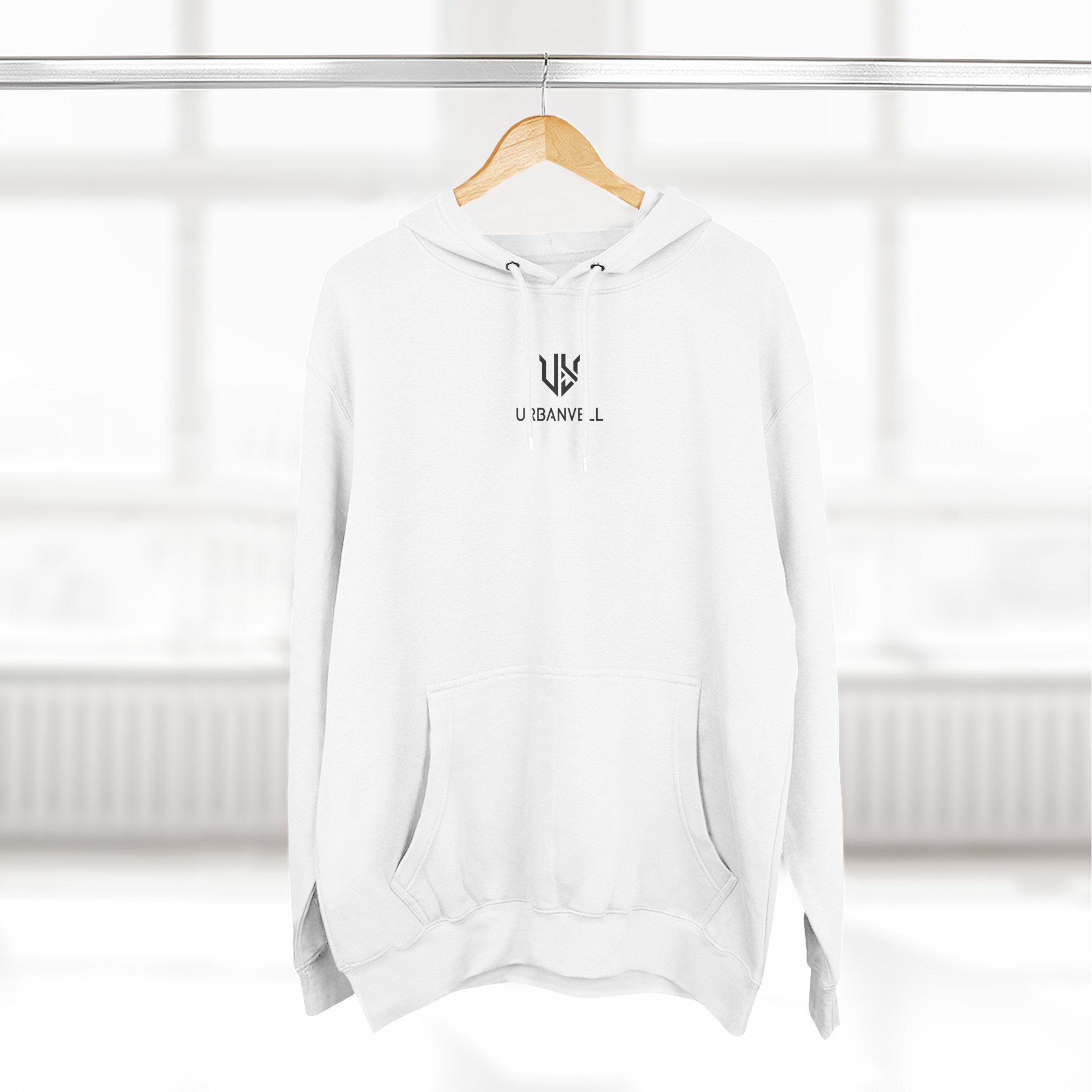 Minimal Small Cenetred Logo Hoodie — URBANVELL White Three-Panel Fleece Hooded Sweatshirt