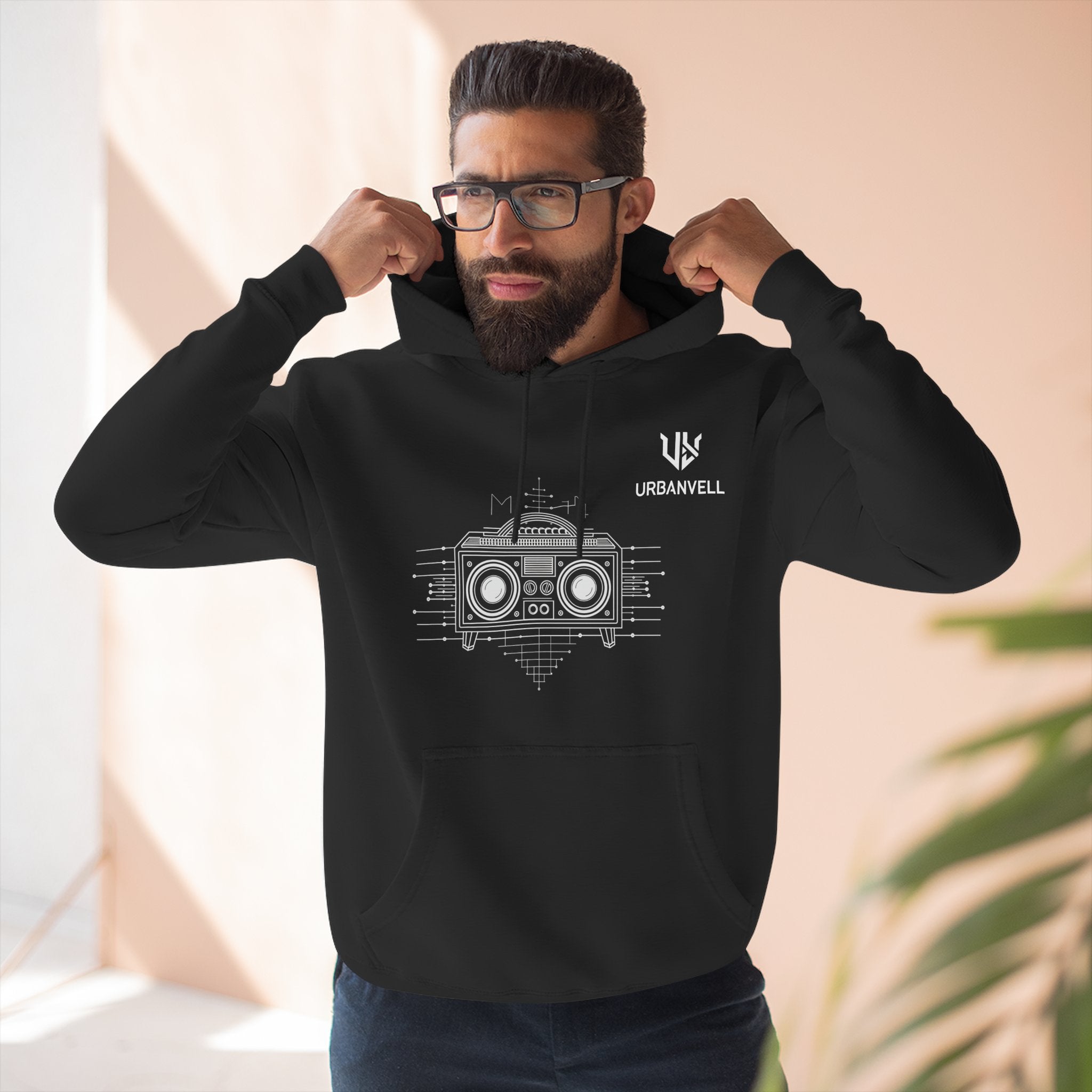 Boombox Graphic Hoodie — URBANVELL Minimalist Retro Cassette Stereo Sweatshirt