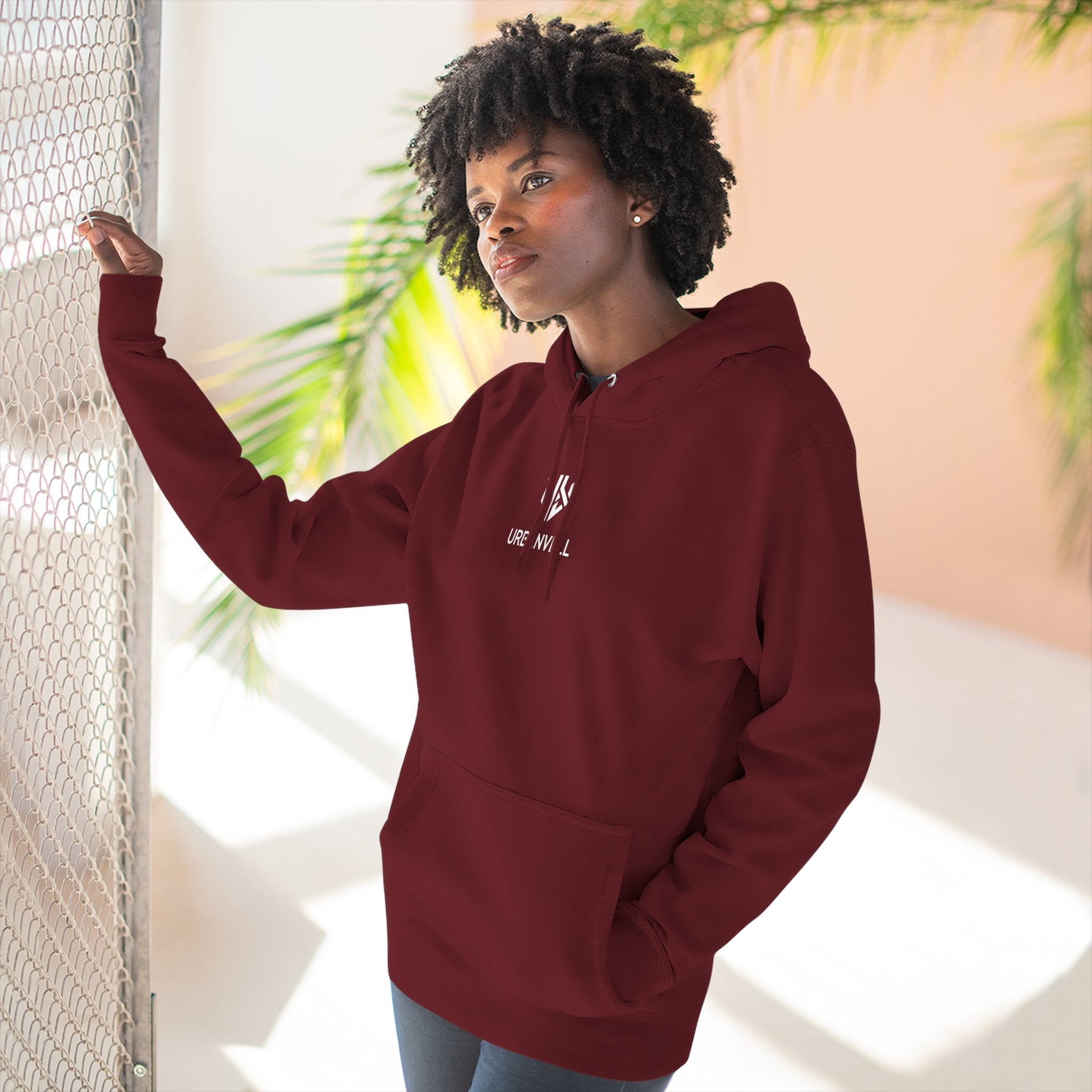 Minimal Small Cenetred Logo Hoodie — URBANVELL White Three-Panel Fleece Hooded Sweatshirt