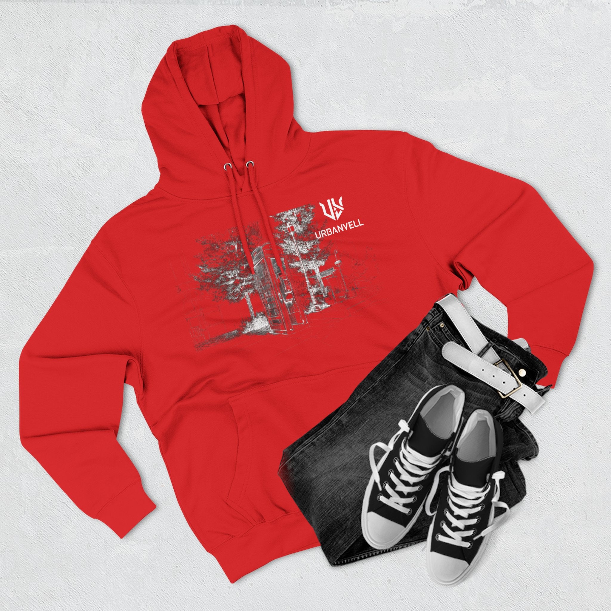 Phone Booth Three-Panel Fleece Hoodie — URBANVELL Minimal Urban Sketch Graphic Hoodie