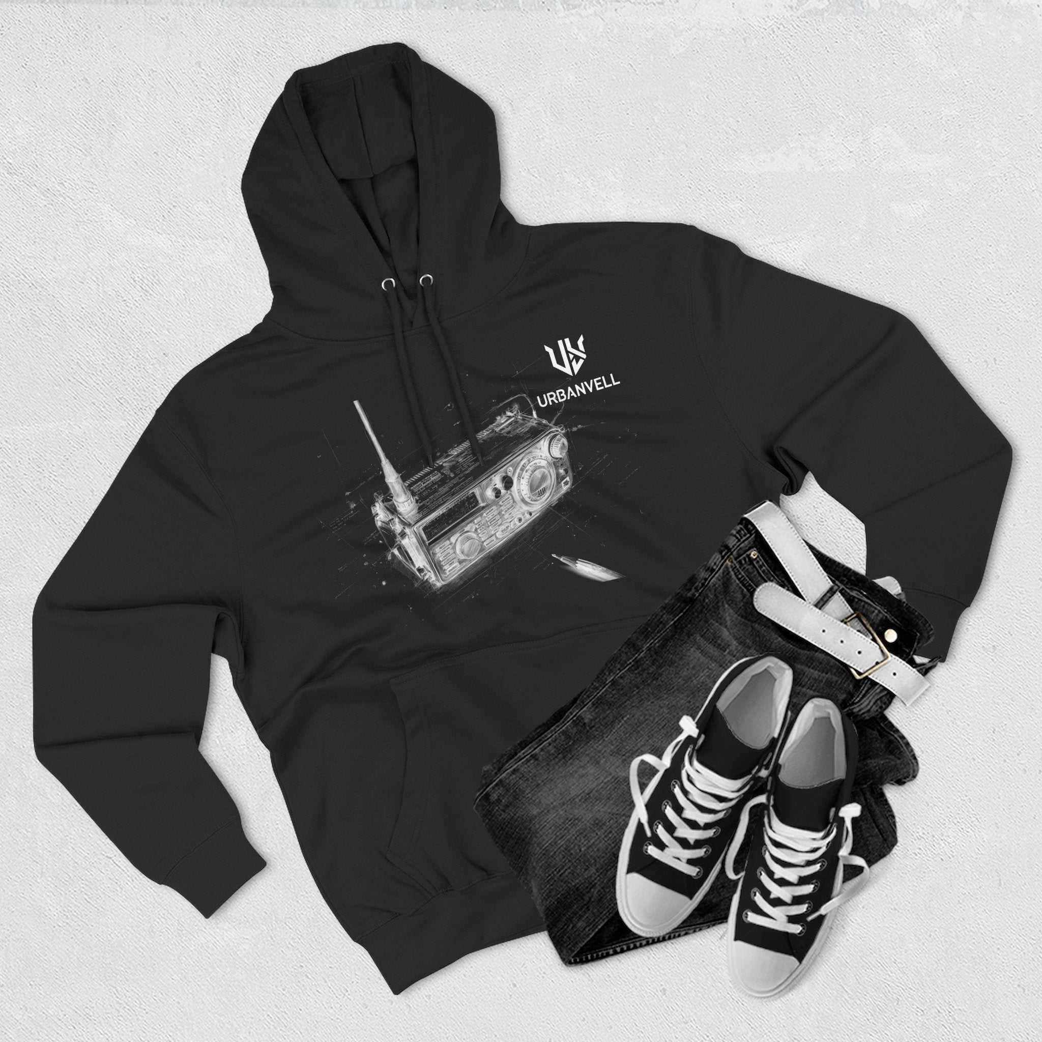 Walkie-Talkie Radio Sketch Hoodie — URBANVELL Minimal Urban Radio Graphic Fleece Pullover