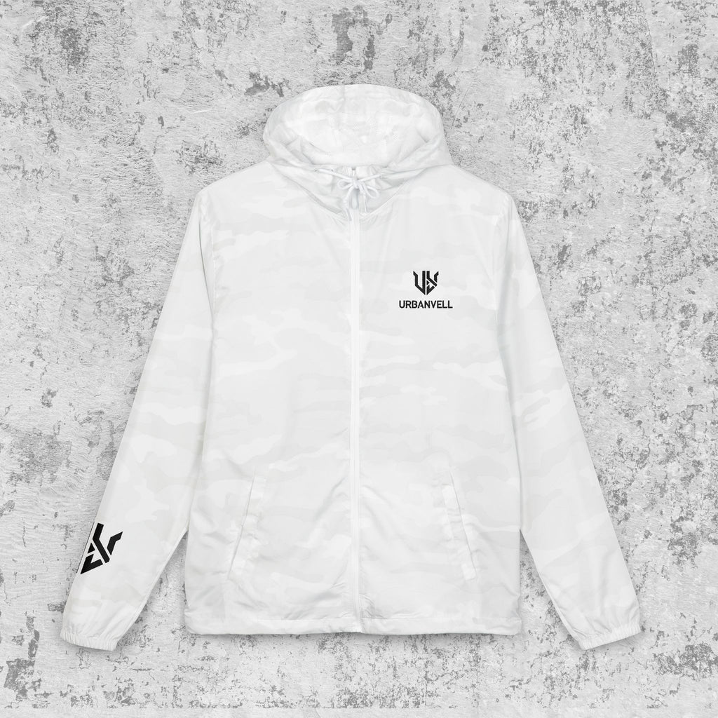White Camo Windbreaker Jacket with URBANVELL Logo — Lightweight Full-Zip Hooded Jacket