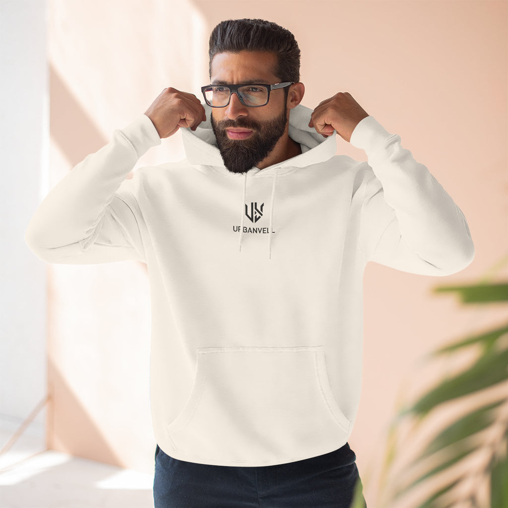 Minimal Small Cenetred Logo Hoodie — URBANVELL White Three-Panel Fleece Hooded Sweatshirt
