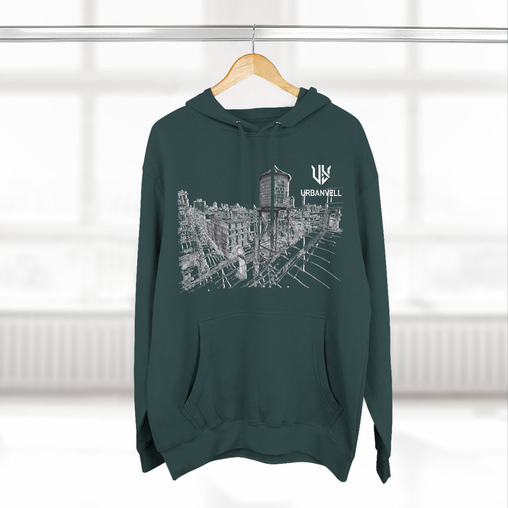 Water Tower Sketch Hoodie — URBANVELL Skyline Graphic Fleece Hoodie