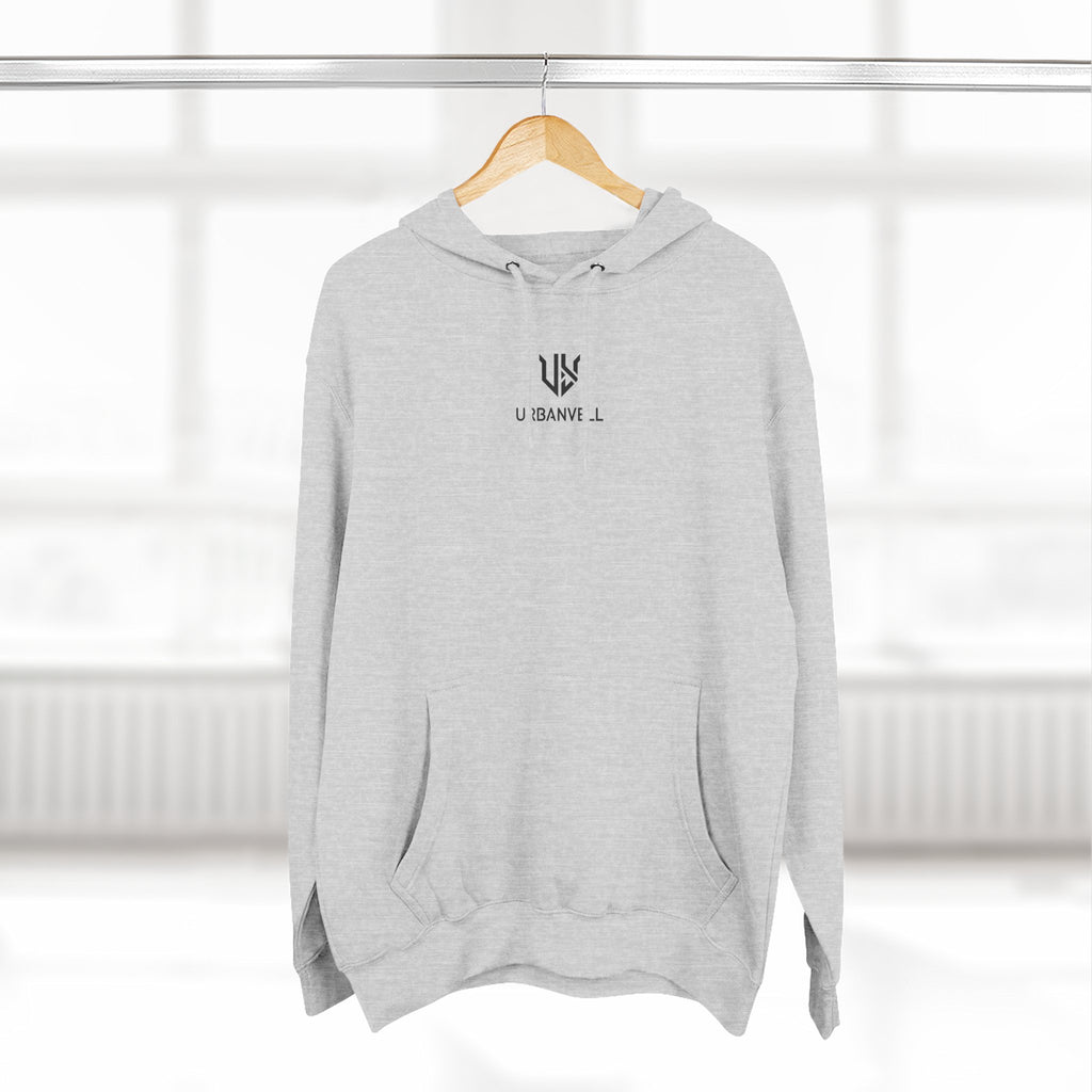 Minimal Small Cenetred Logo Hoodie — URBANVELL White Three-Panel Fleece Hooded Sweatshirt