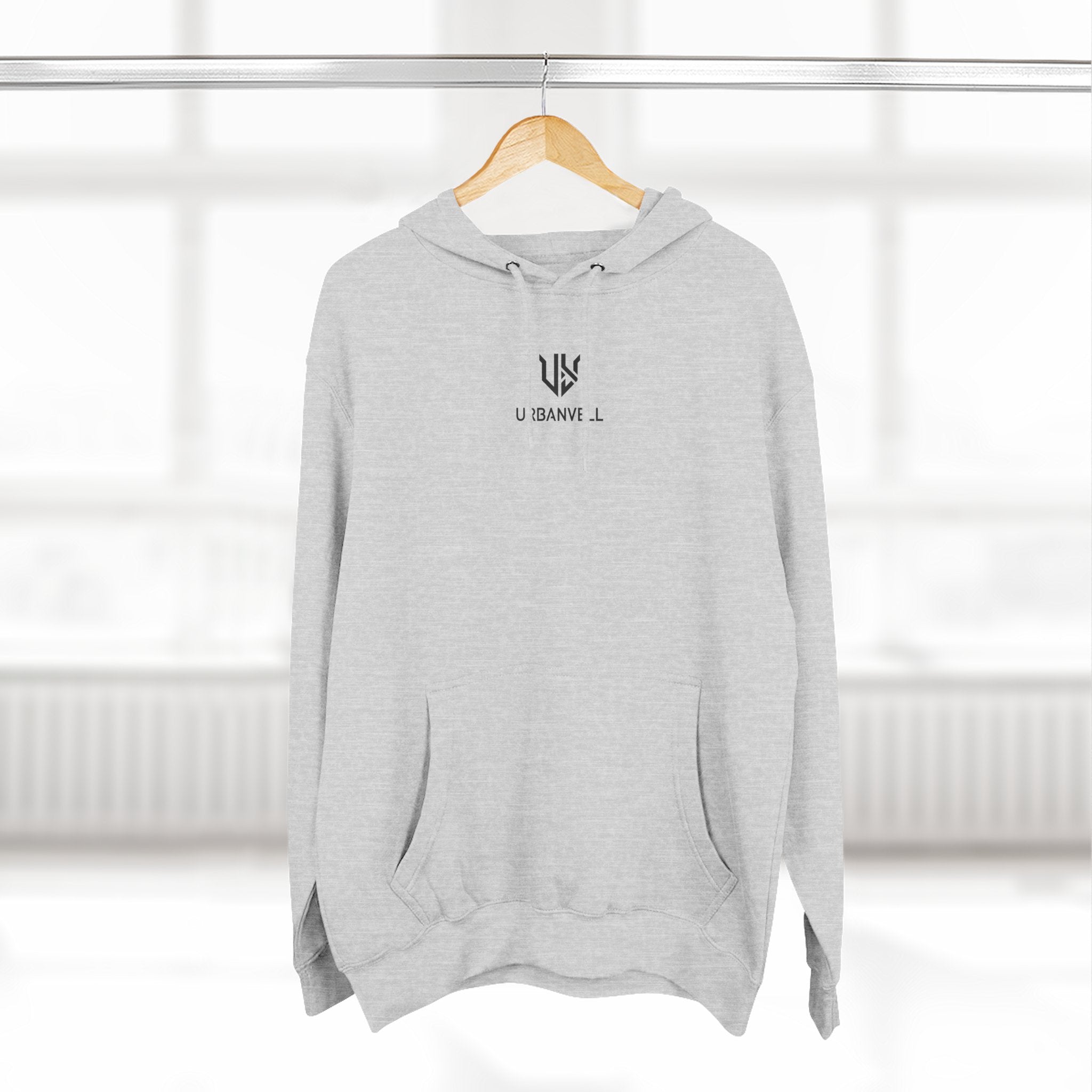 Minimal Small Cenetred Logo Hoodie — URBANVELL White Three-Panel Fleece Hooded Sweatshirt