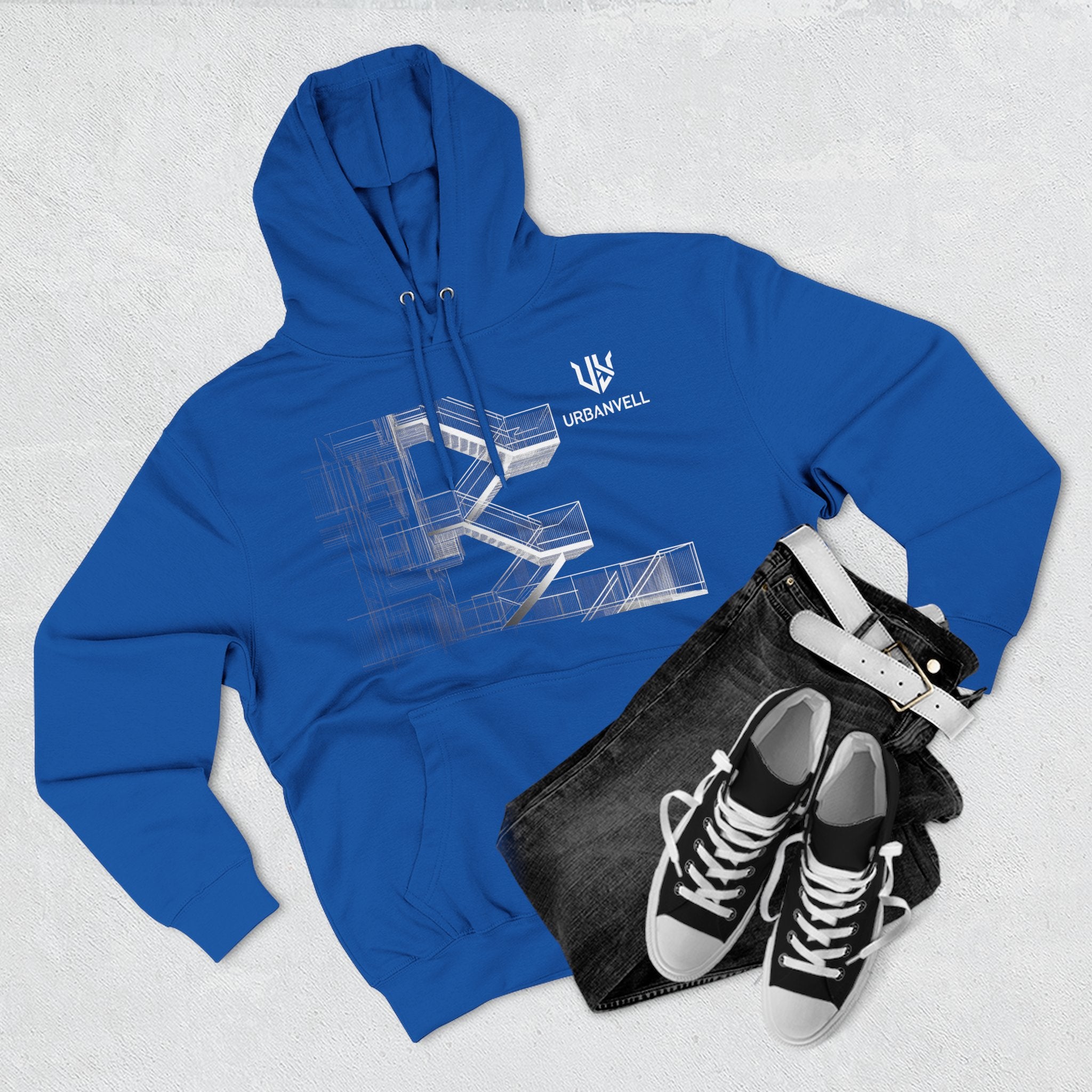 Architectural Fire Escape Stairs Sketch Hoodie — URBANVELL Three-Panel Fleece Pullover