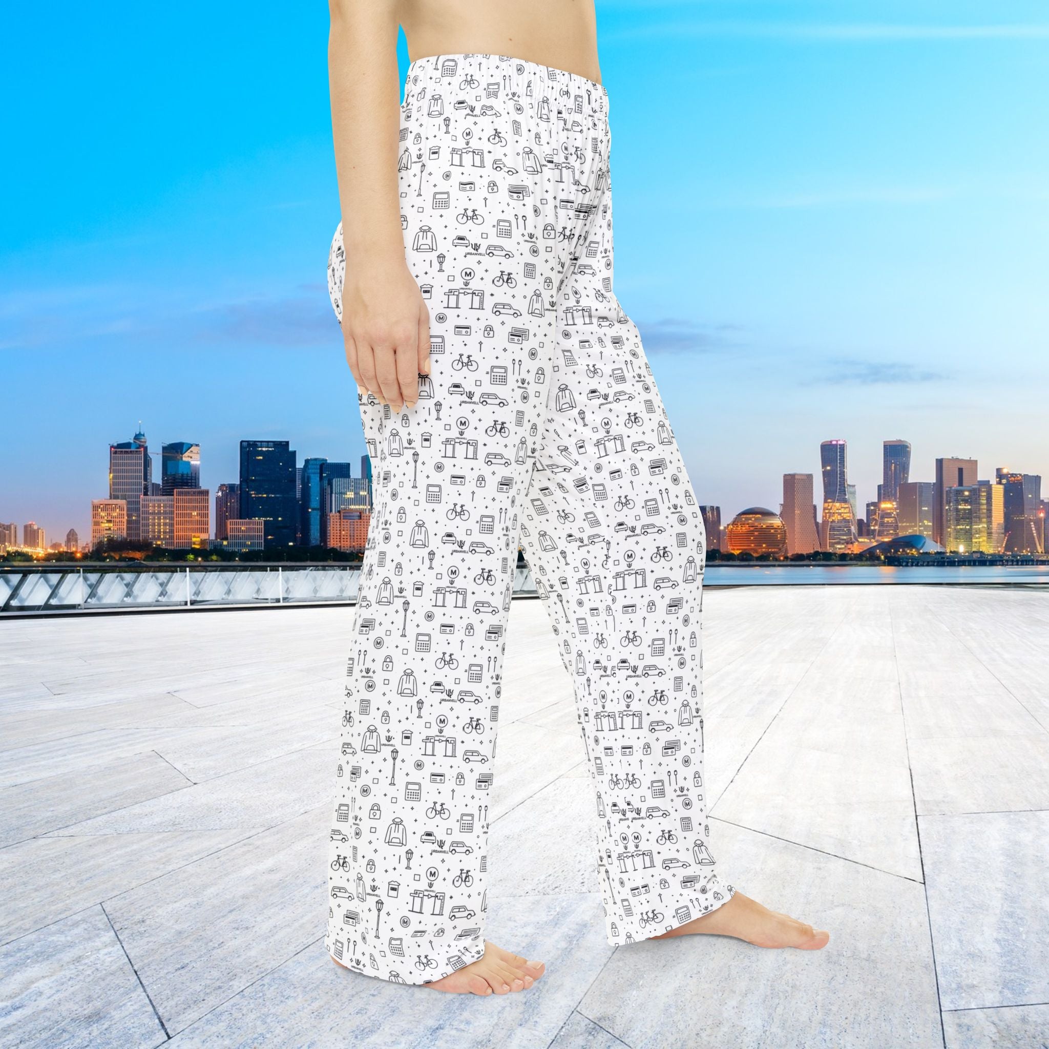 Women's Pajama Pants — URBANVELL Cozy Black & White Cat Doodle All-Over Print