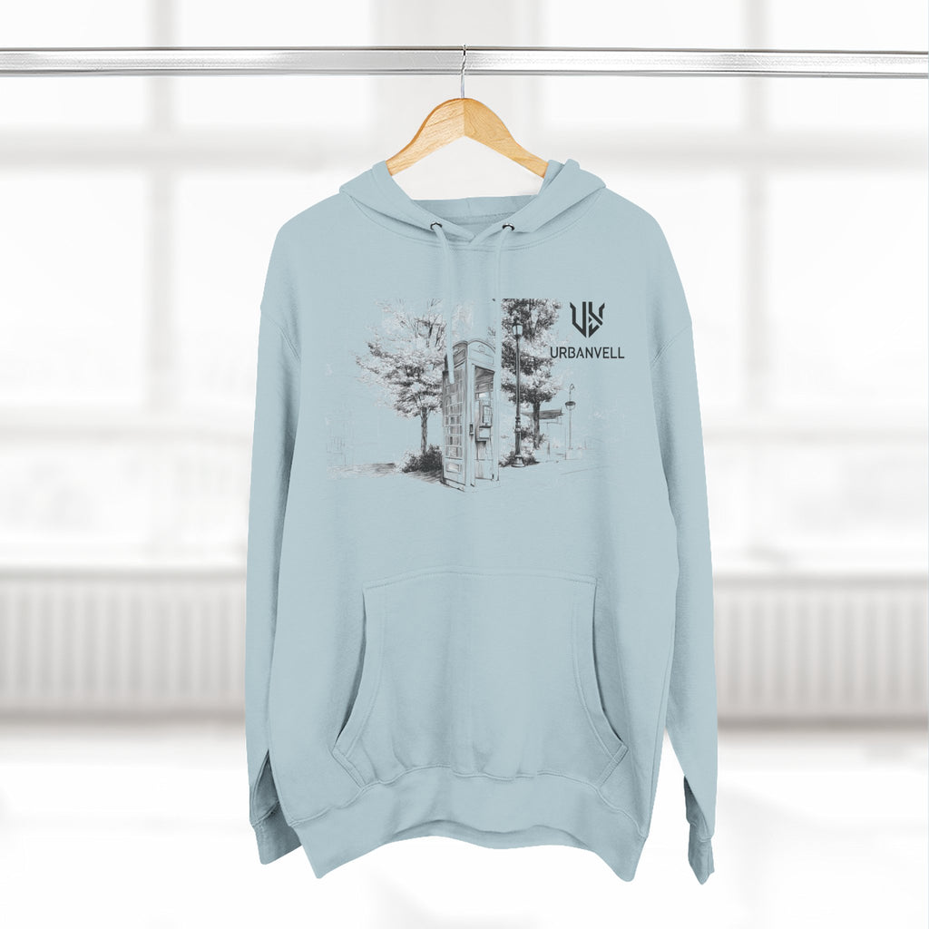 Phone Booth Three-Panel Fleece Hoodie — URBANVELL Minimal Urban Sketch Graphic Hoodie