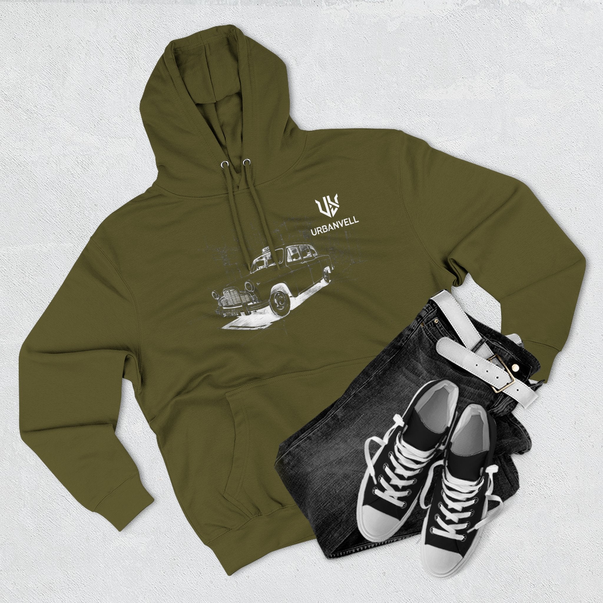 Old City Cab Illustration Hoodie — URBANVELL Classic Convertible Graphic Hoodie