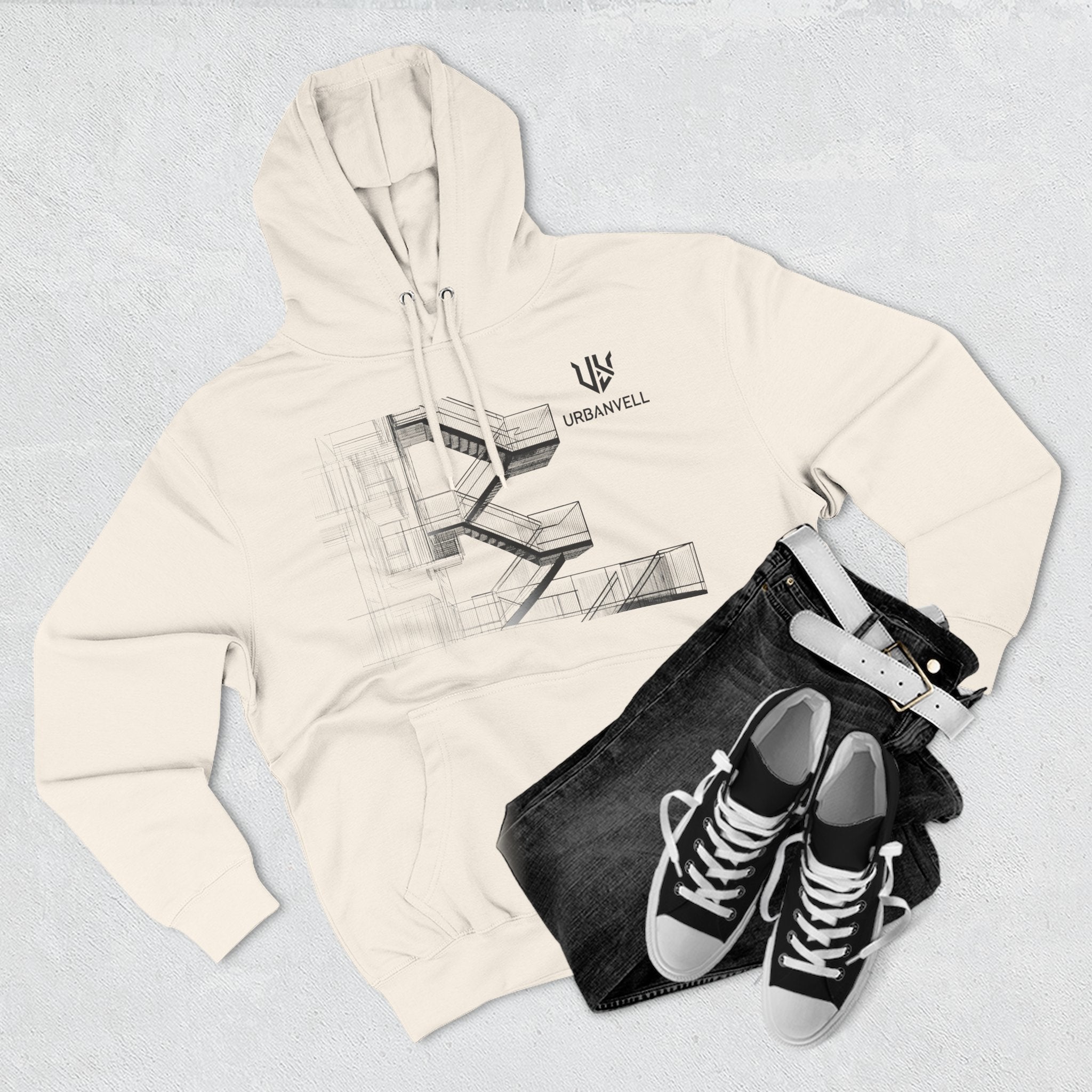 Architectural Fire Escape Stairs Sketch Hoodie — URBANVELL Three-Panel Fleece Pullover