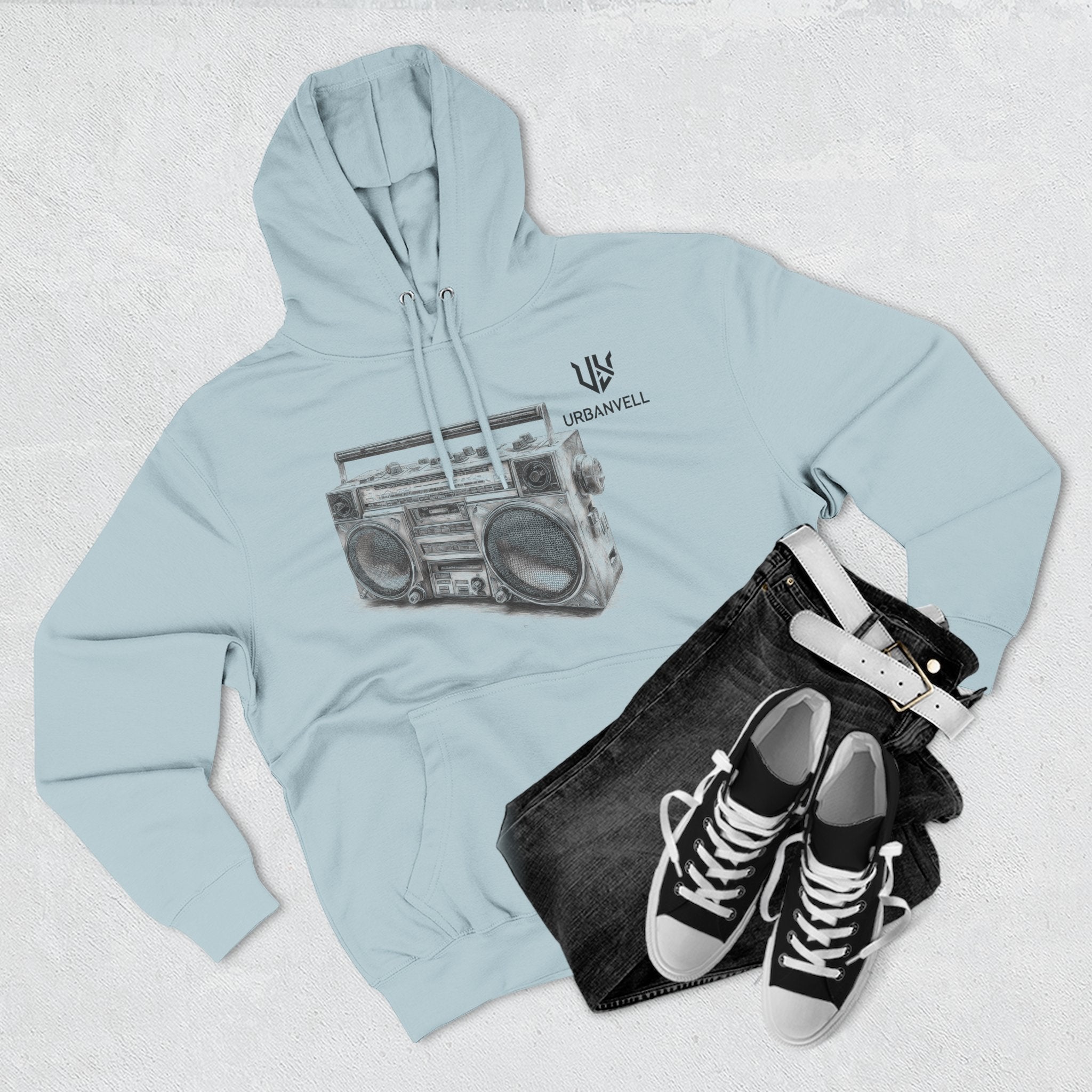 Boombox Sketch Hoodie — URBANVELL Retro Urban Music Fleece Pullover