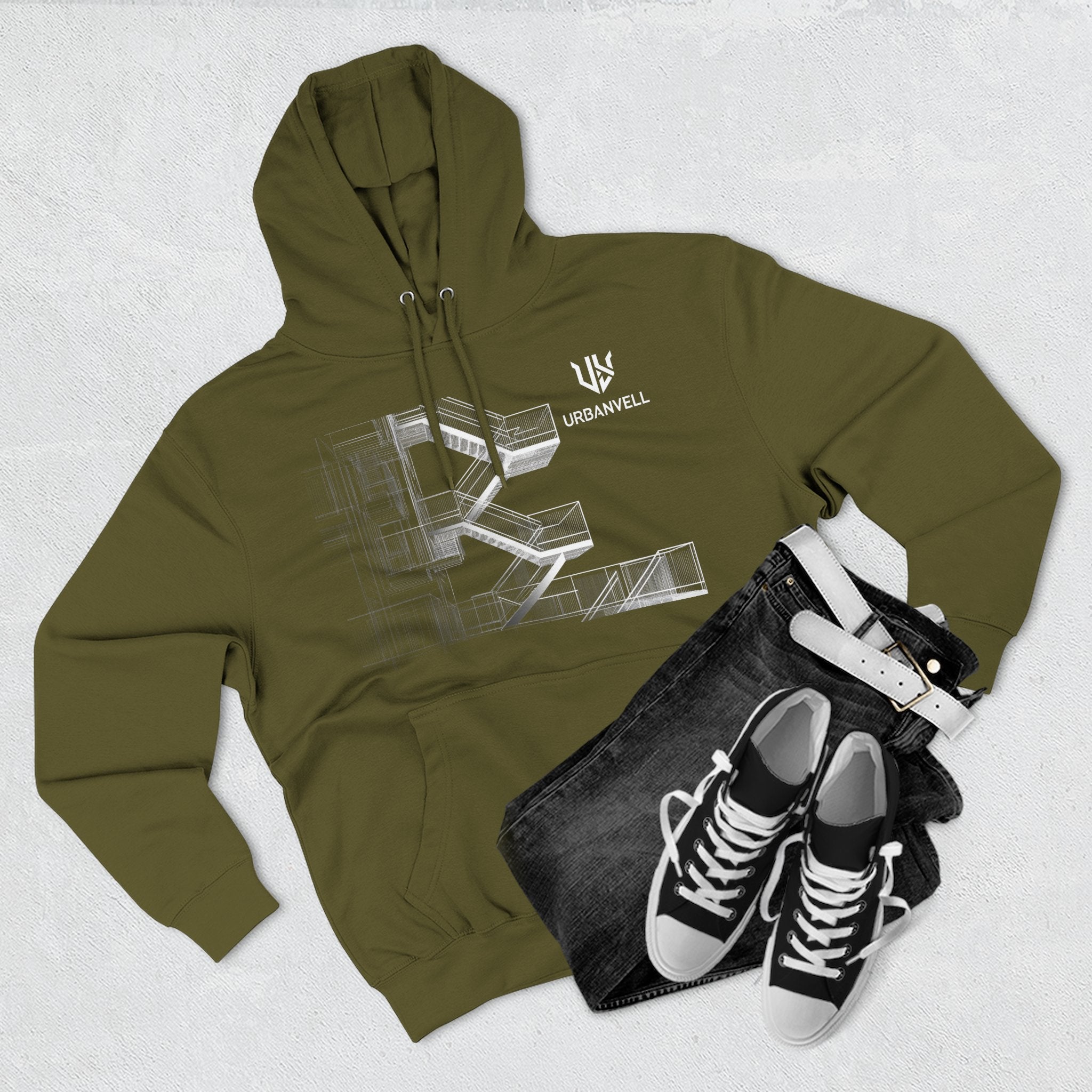 Architectural Fire Escape Stairs Sketch Hoodie — URBANVELL Three-Panel Fleece Pullover