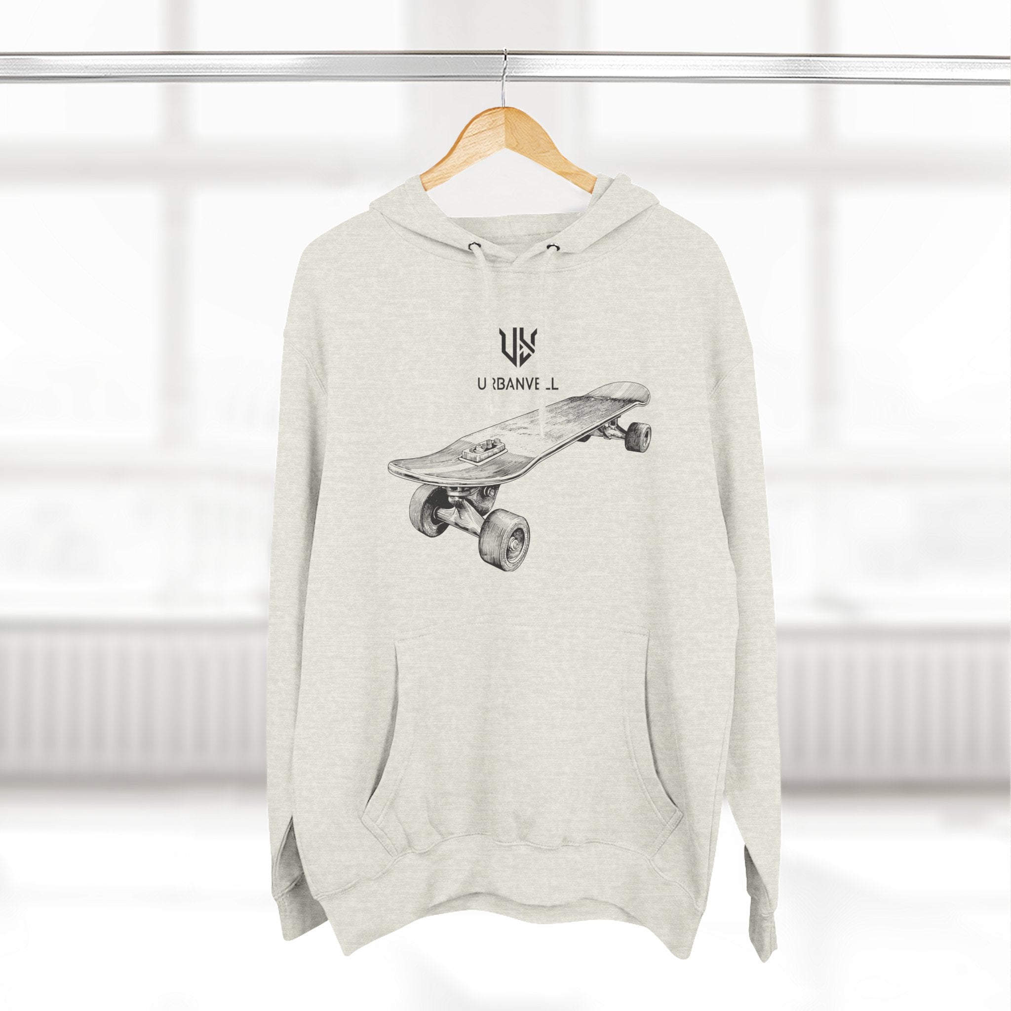 Skateboard Sketch Hoodie — URBANVELL Minimalist Hand-Drawn Skate Deck Pullover
