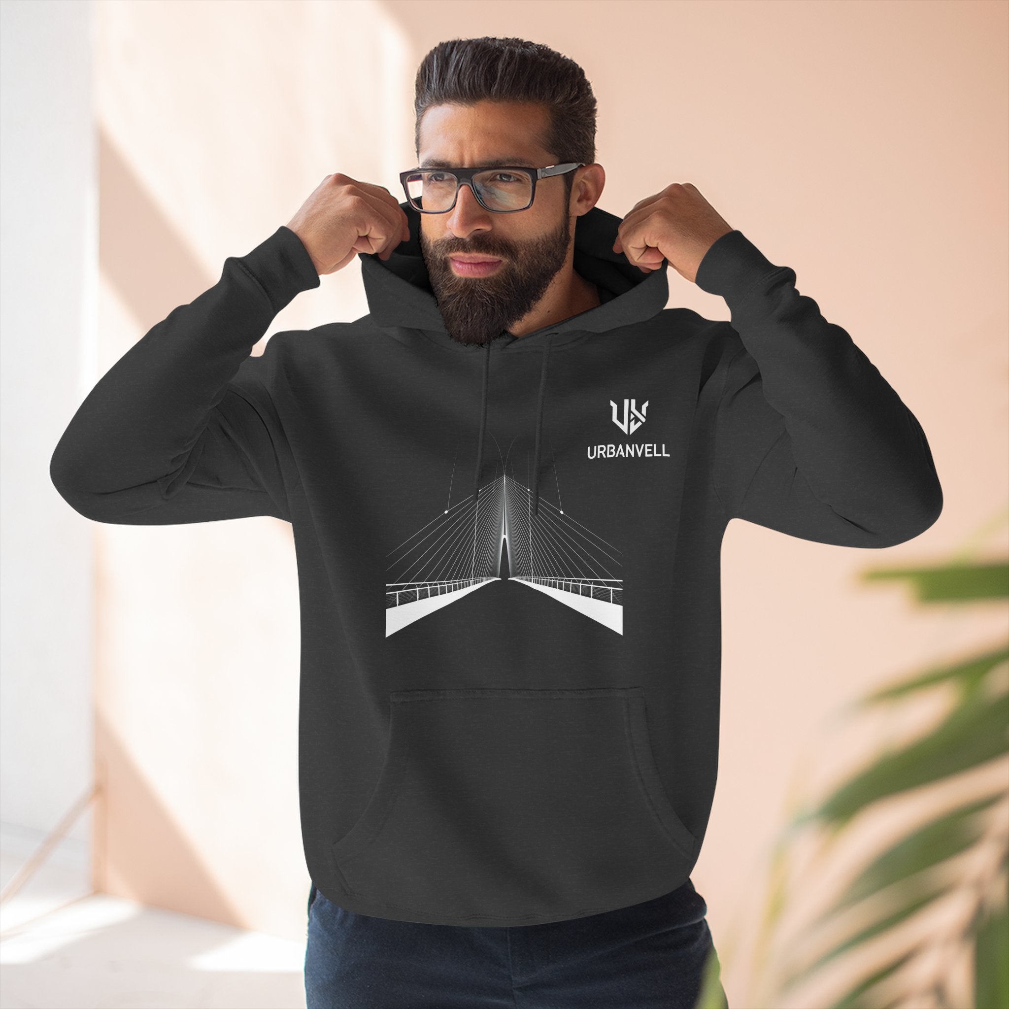 Minimalist Bridge Graphic Hoodie — URBANVELL Three-Panel Fleece Hoodie